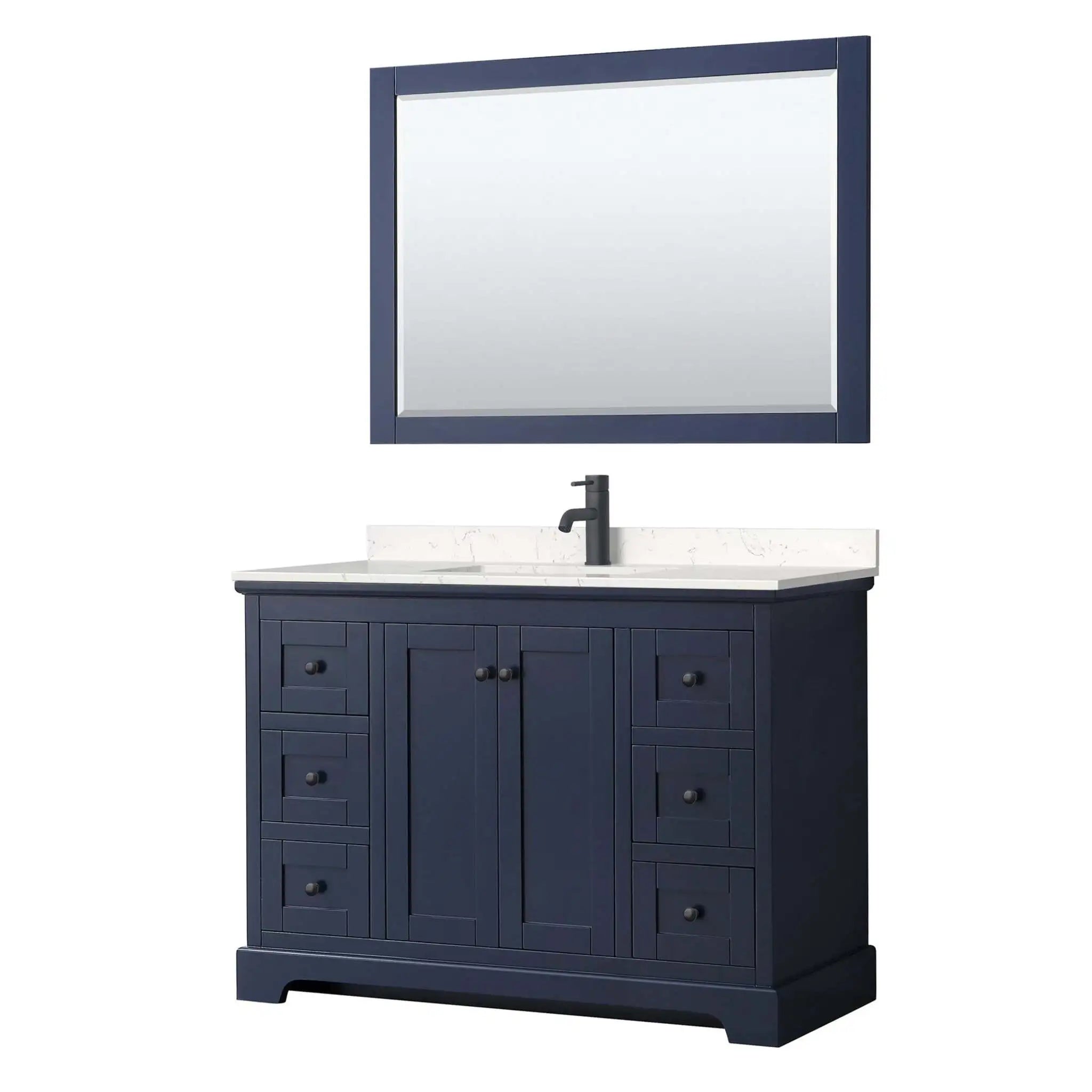 48" Avery Single Bathroom Vanity in Dark Blue with Matte Black Trim & 46" Mirror by Wyndham
