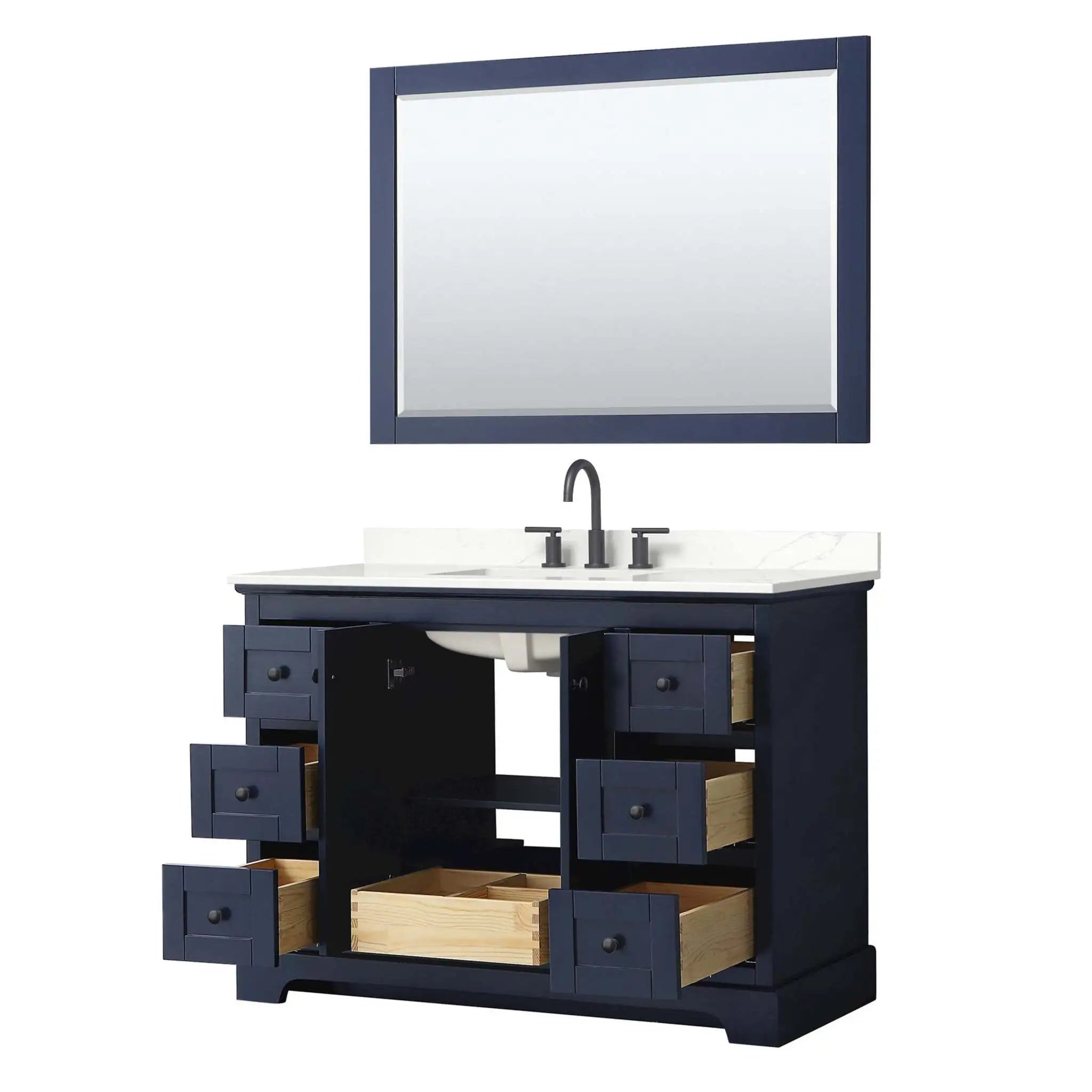 48" Avery Single Bathroom Vanity in Dark Blue with Matte Black Trim & 46" Mirror by Wyndham