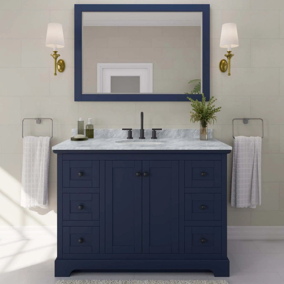 48" Avery Single Bathroom Vanity in Dark Blue with Matte Black Trim & 46" Mirror by Wyndham