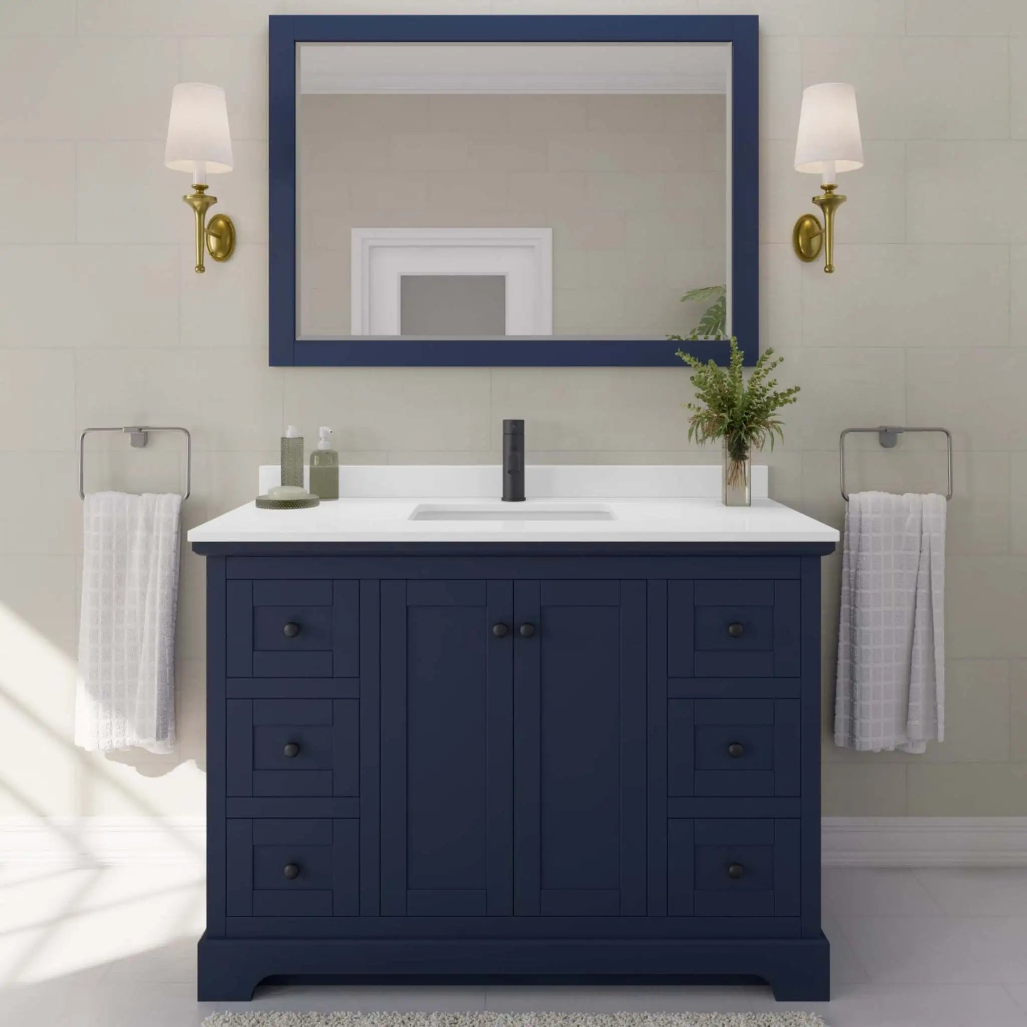 48" Avery Single Bathroom Vanity in Dark Blue with Matte Black Trim & 46" Mirror by Wyndham