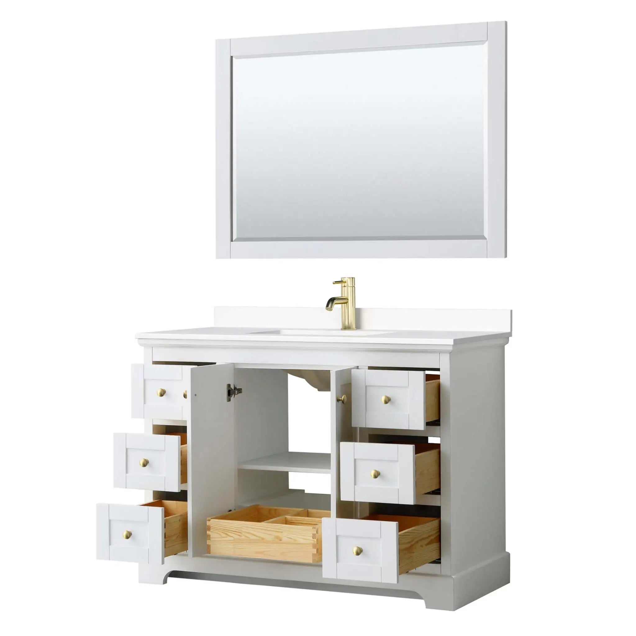 48" Avery Single Bathroom Vanity in White with Brushed Gold Trim & 46" Mirror by Wyndham