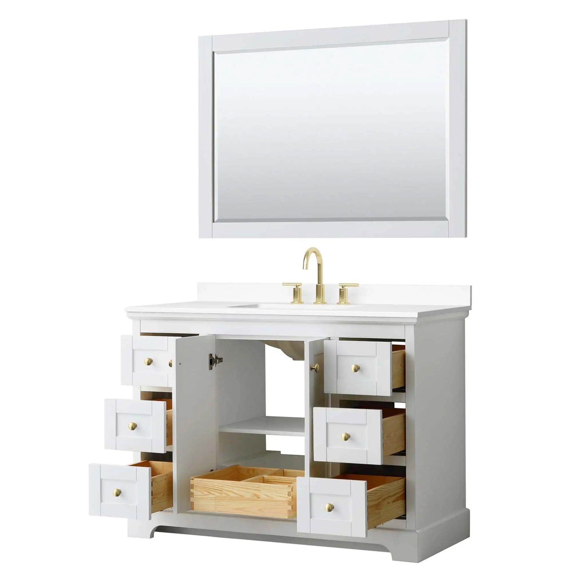 48" Avery Single Bathroom Vanity in White with Brushed Gold Trim & 46" Mirror by Wyndham