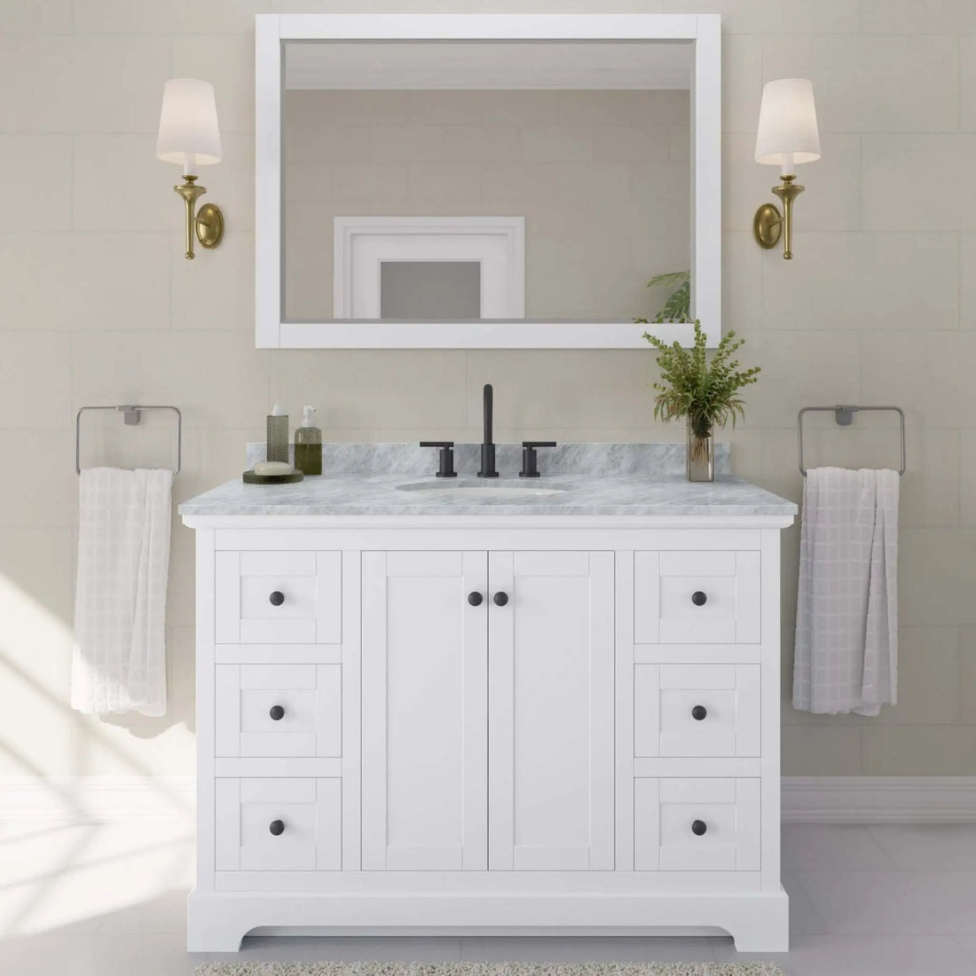 48" Avery Single Bathroom Vanity in White with Matte Black Trim & 46" Mirror by Wyndham