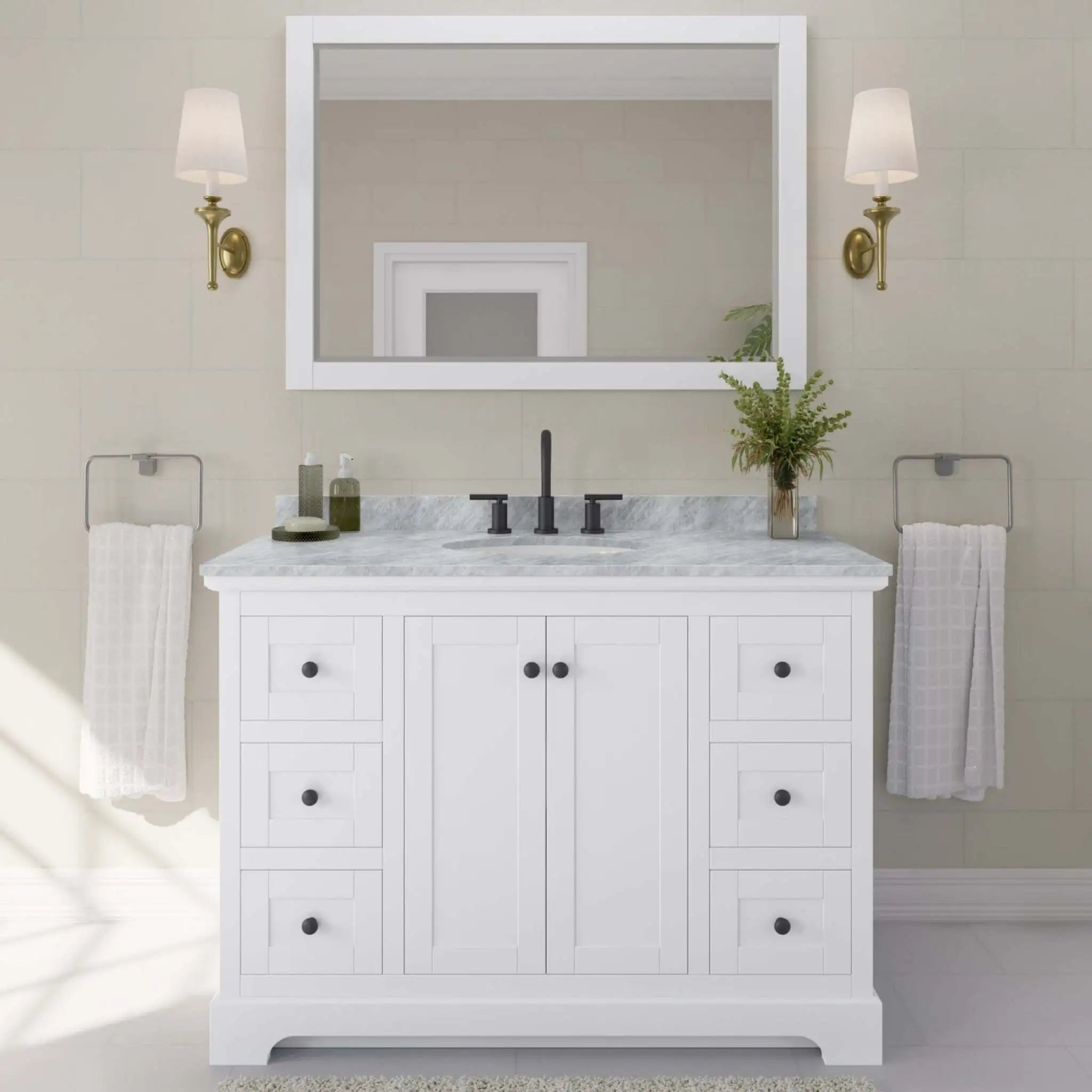 48" Avery Single Bathroom Vanity in White with Matte Black Trim & 46" Mirror by Wyndham