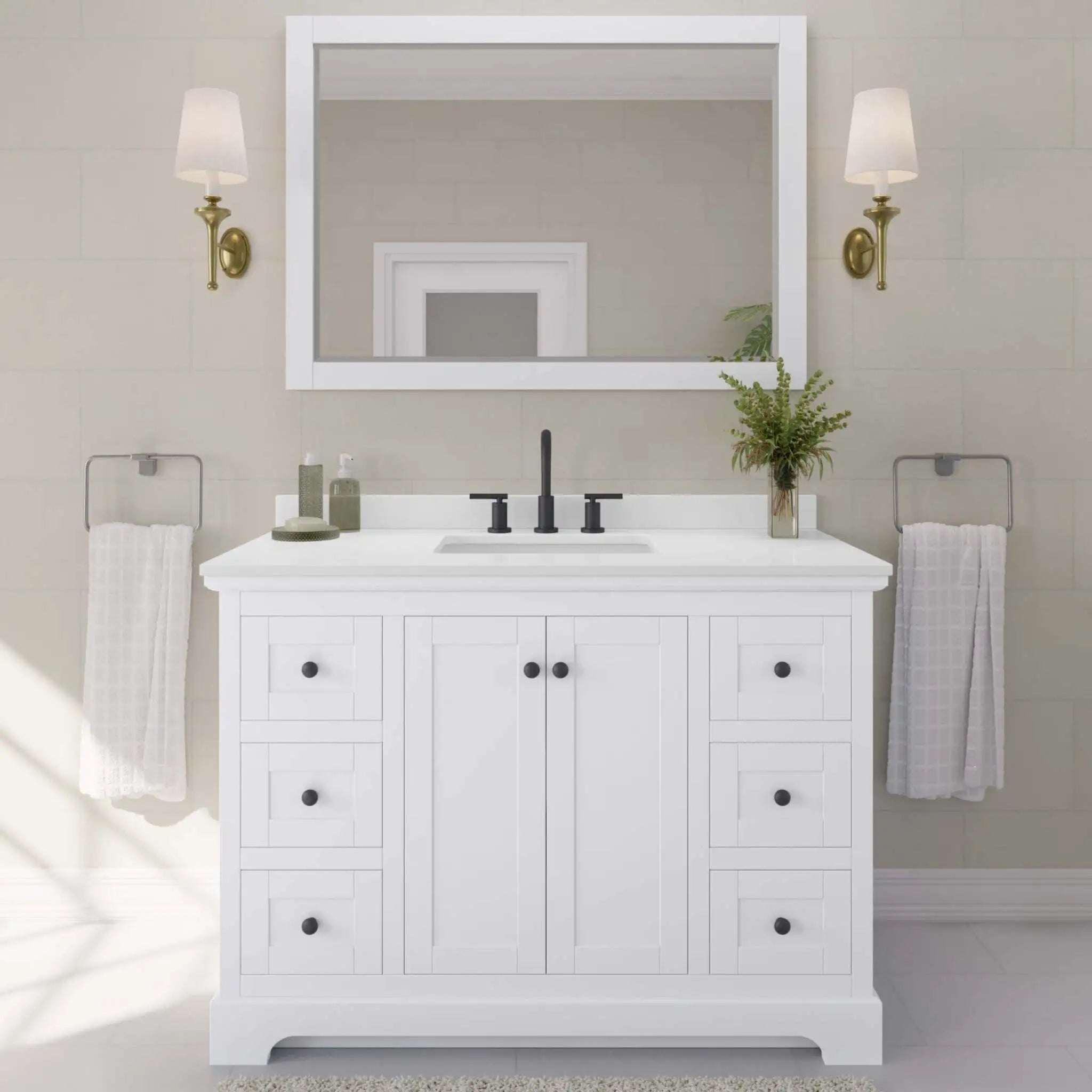 48" Avery Single Bathroom Vanity in White with Matte Black Trim & 46" Mirror by Wyndham