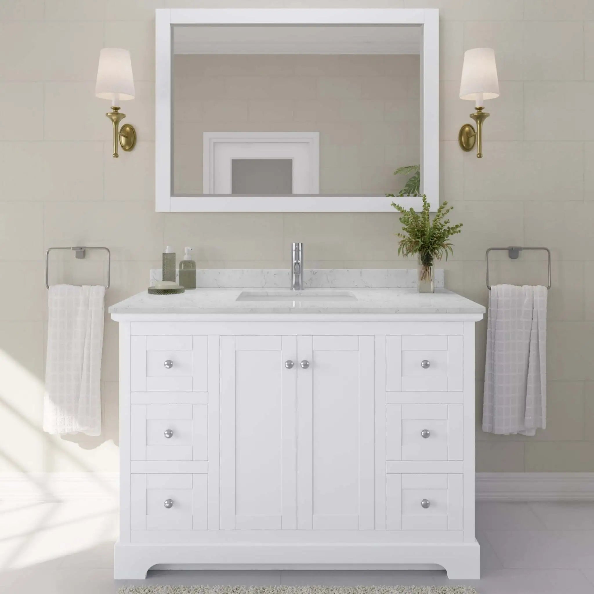 48" Avery Single Bathroom Vanity in White with Polished Chrome Trim & 46" Mirror by Wyndham