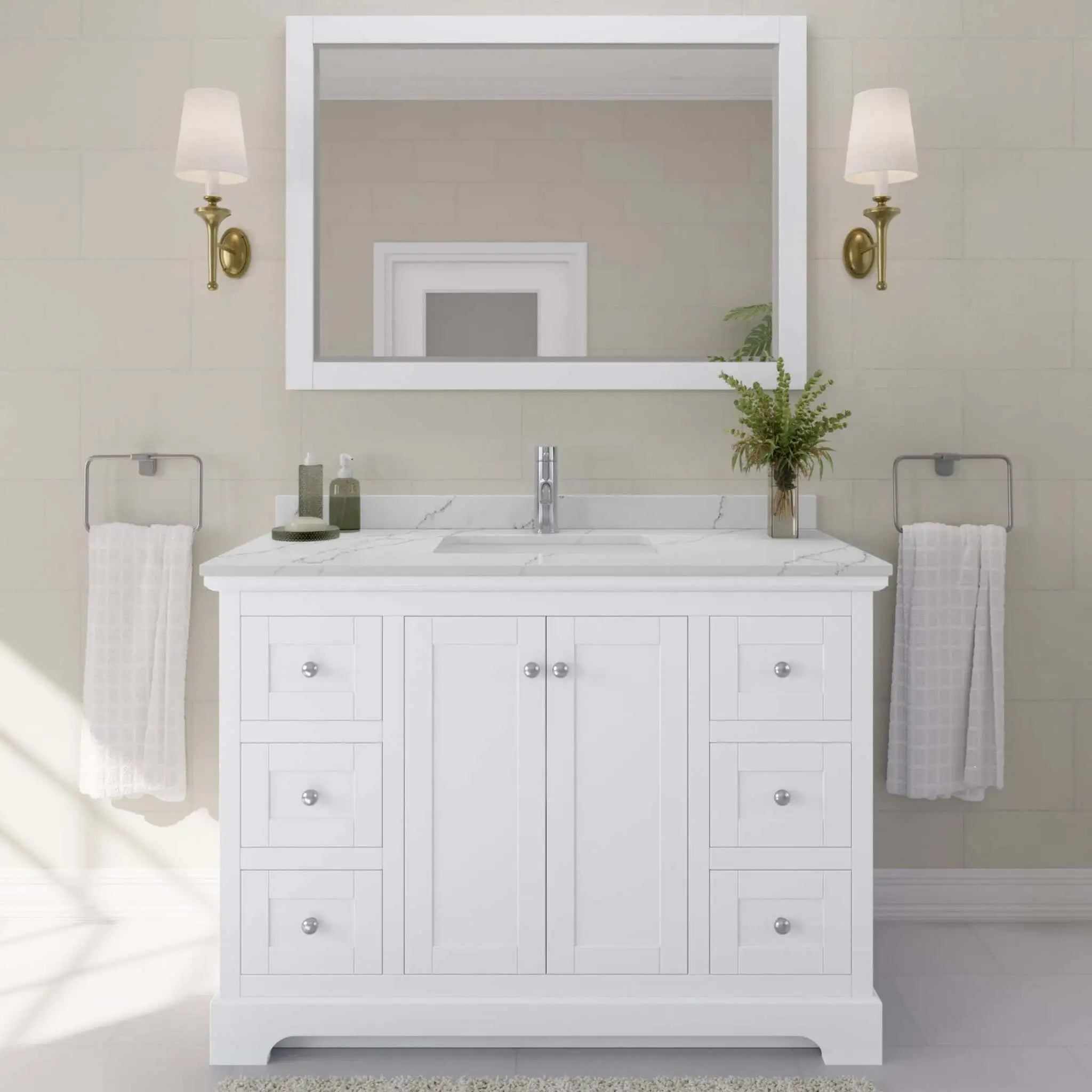 48" Avery Single Bathroom Vanity in White with Polished Chrome Trim & 46" Mirror by Wyndham