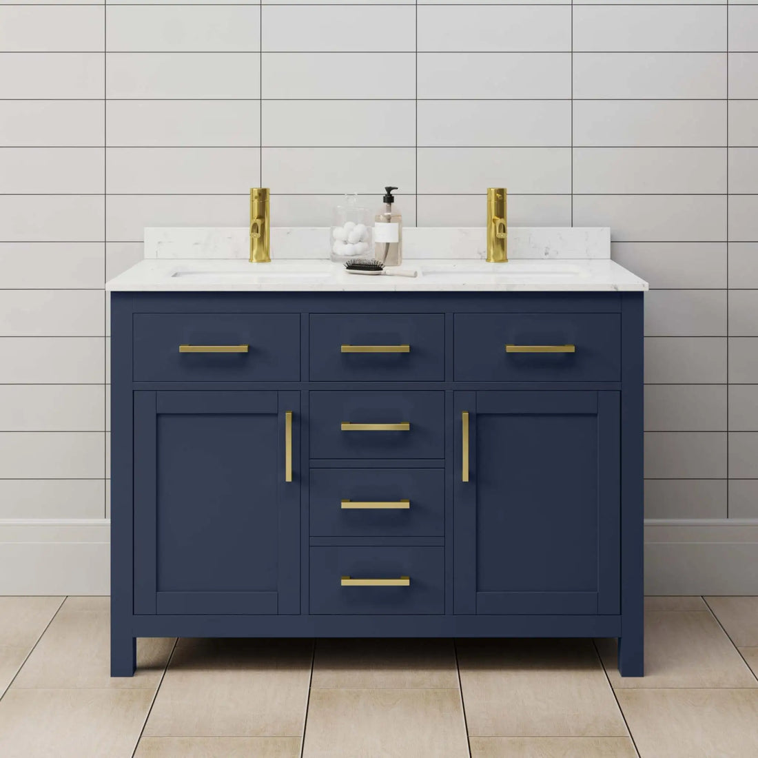 48" Beckett Double Bathroom Vanity in Dark Blue with Brushed Gold Trim by Wyndham