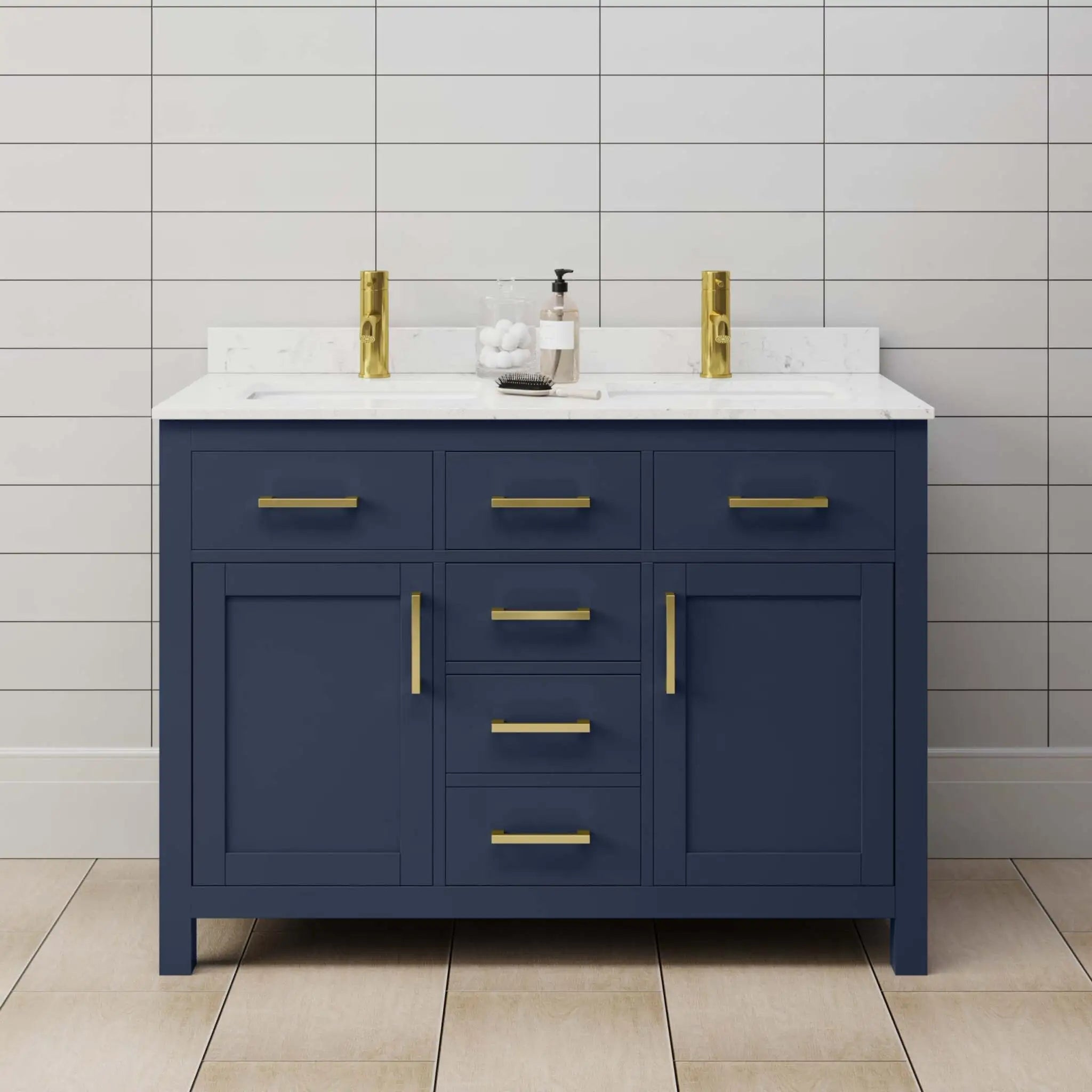 48" Beckett Double Bathroom Vanity in Dark Blue with Brushed Gold Trim by Wyndham