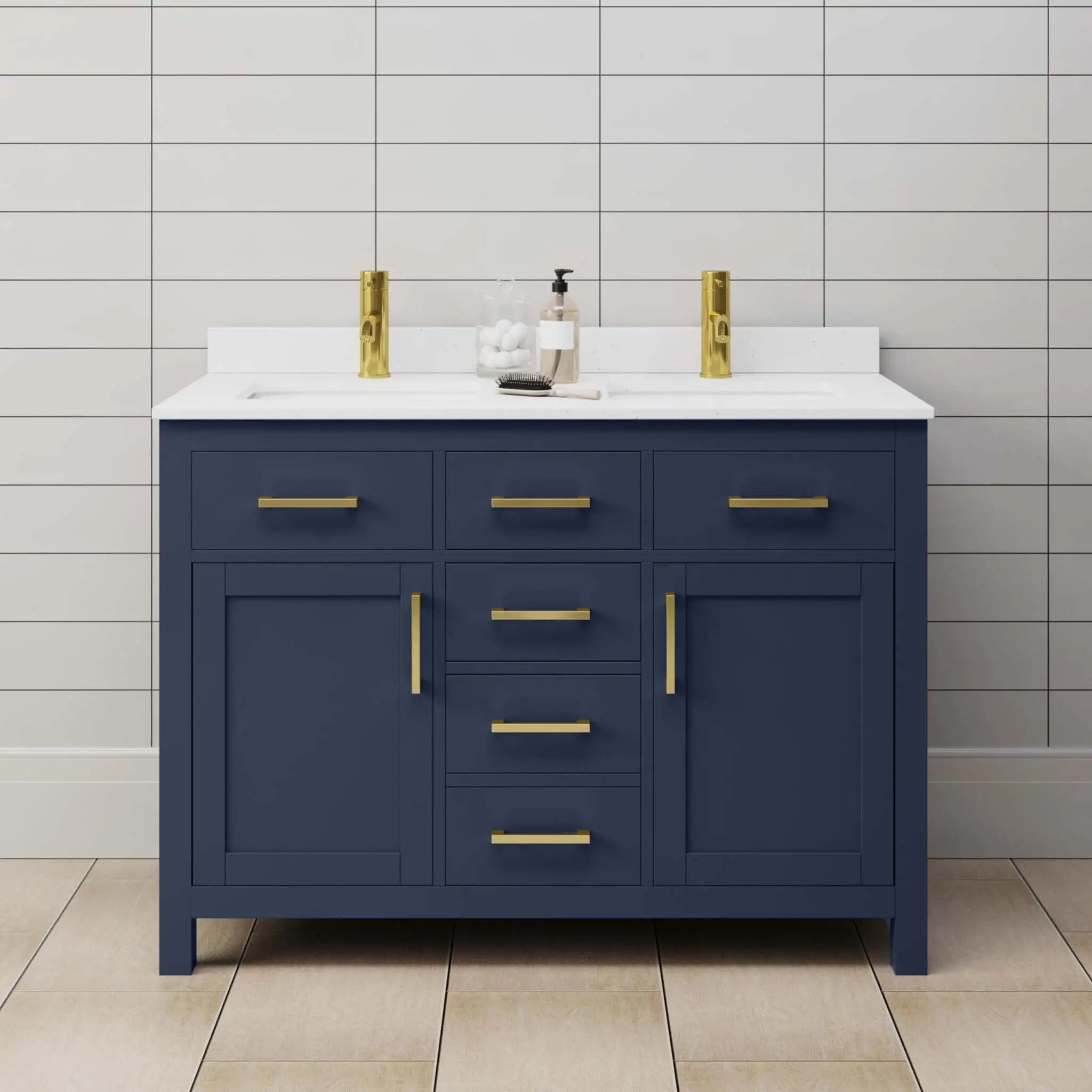 48" Beckett Double Bathroom Vanity in Dark Blue with Brushed Gold Trim by Wyndham