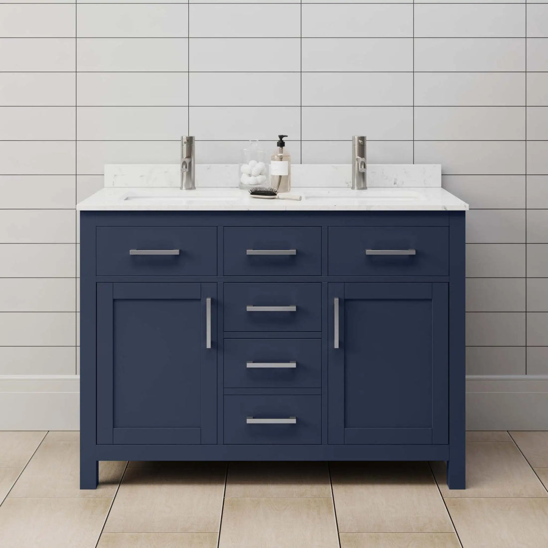 48" Beckett Double Bathroom Vanity in Dark Blue with Brushed Nickel Trim by Wyndham