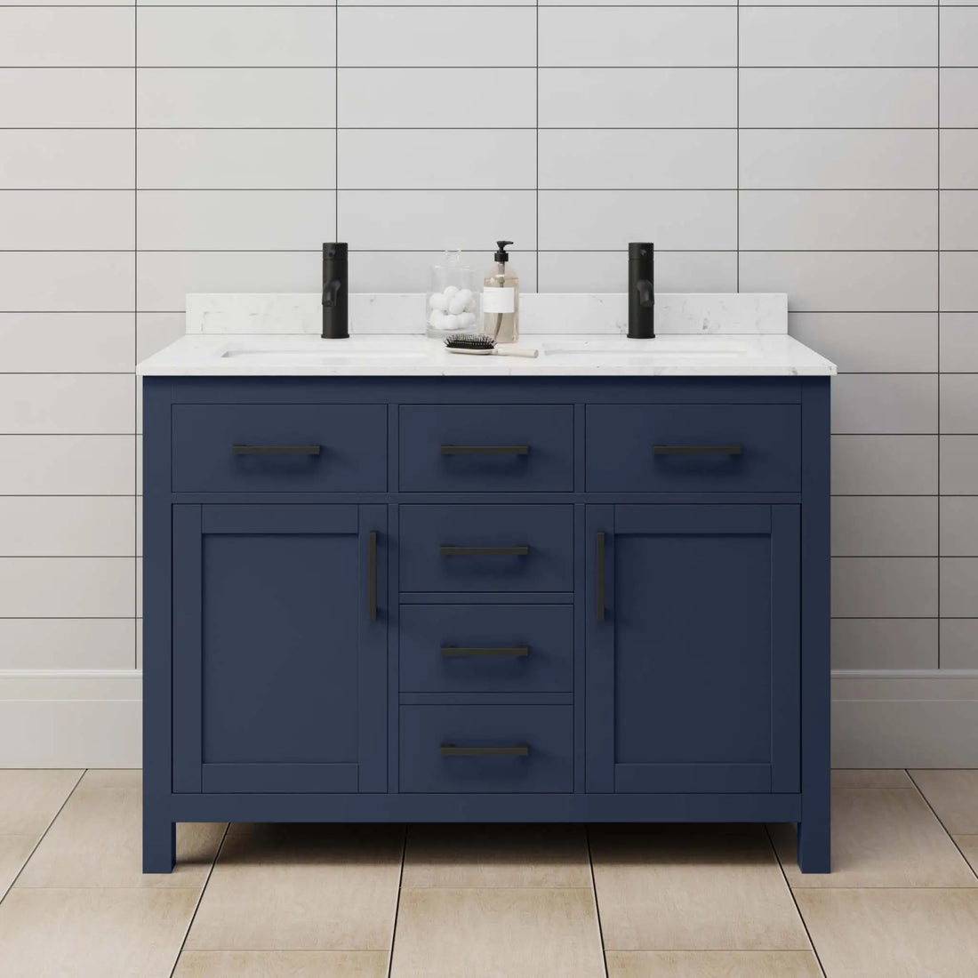 48" Beckett Double Bathroom Vanity in Dark Blue with Matte Black Trim by Wyndham
