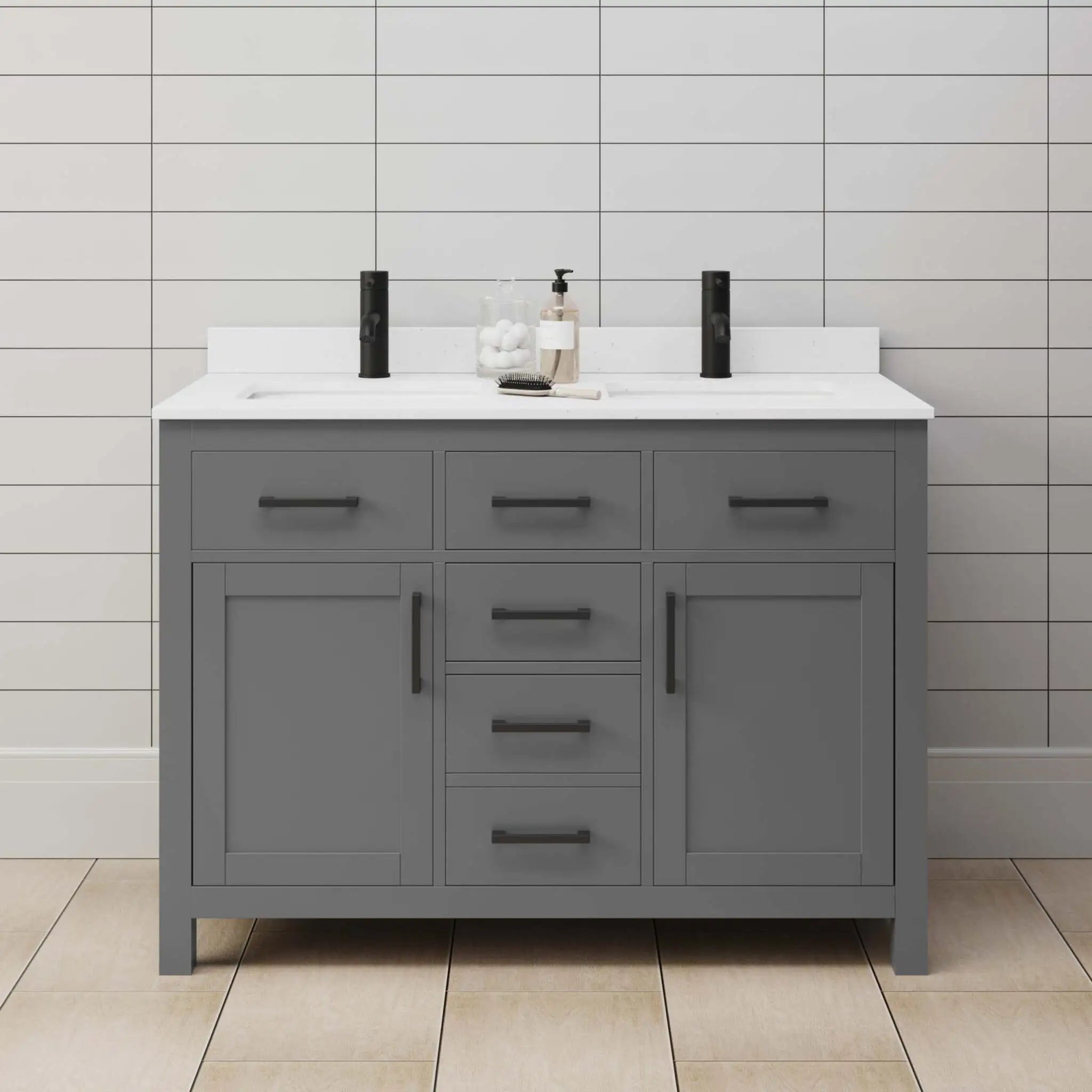 48" Beckett Double Bathroom Vanity in Dark Gray with Matte Black Trim by Wyndham