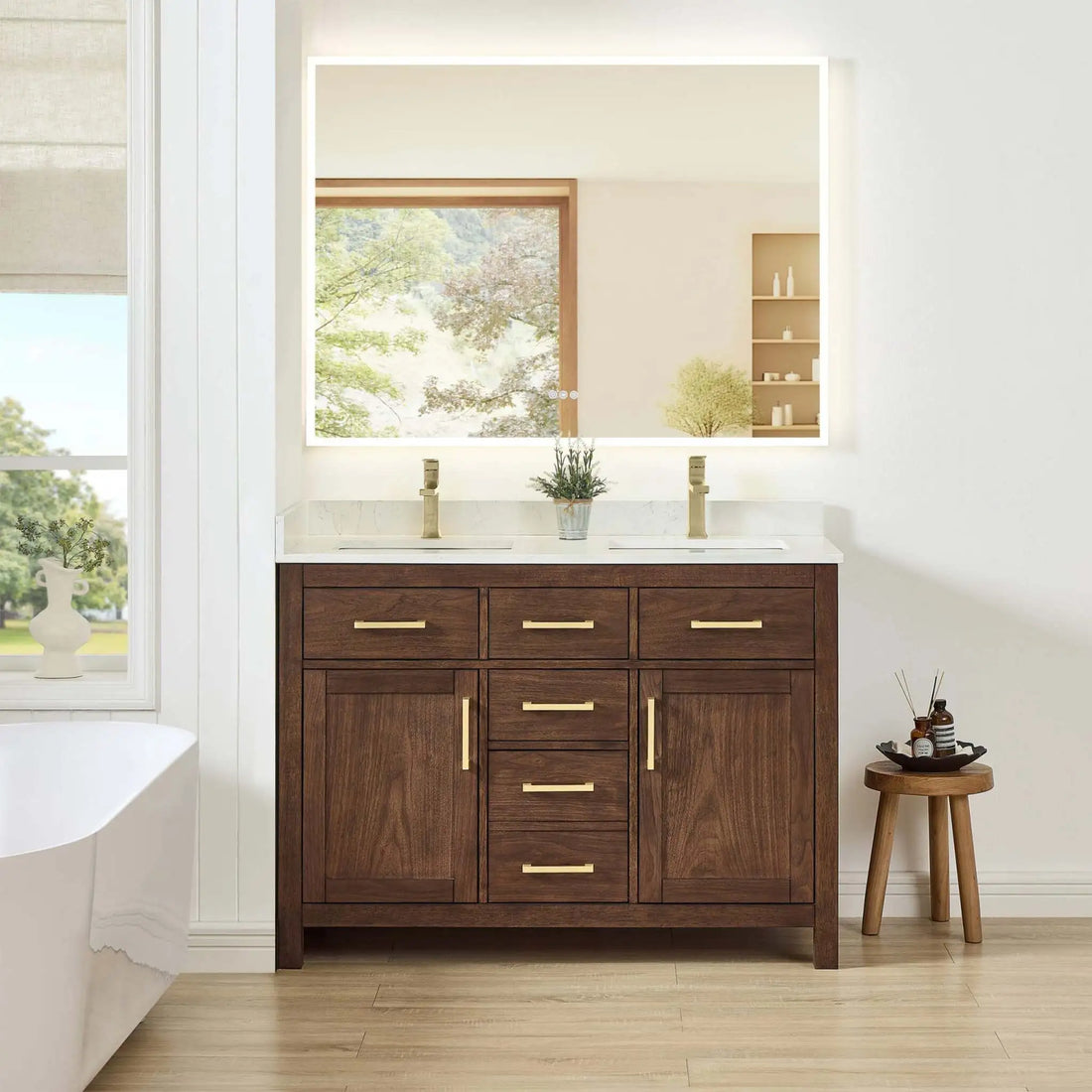 48" Beckett Double Bathroom Vanity in Dark Walnut with Brushed Gold Trim by Wyndham