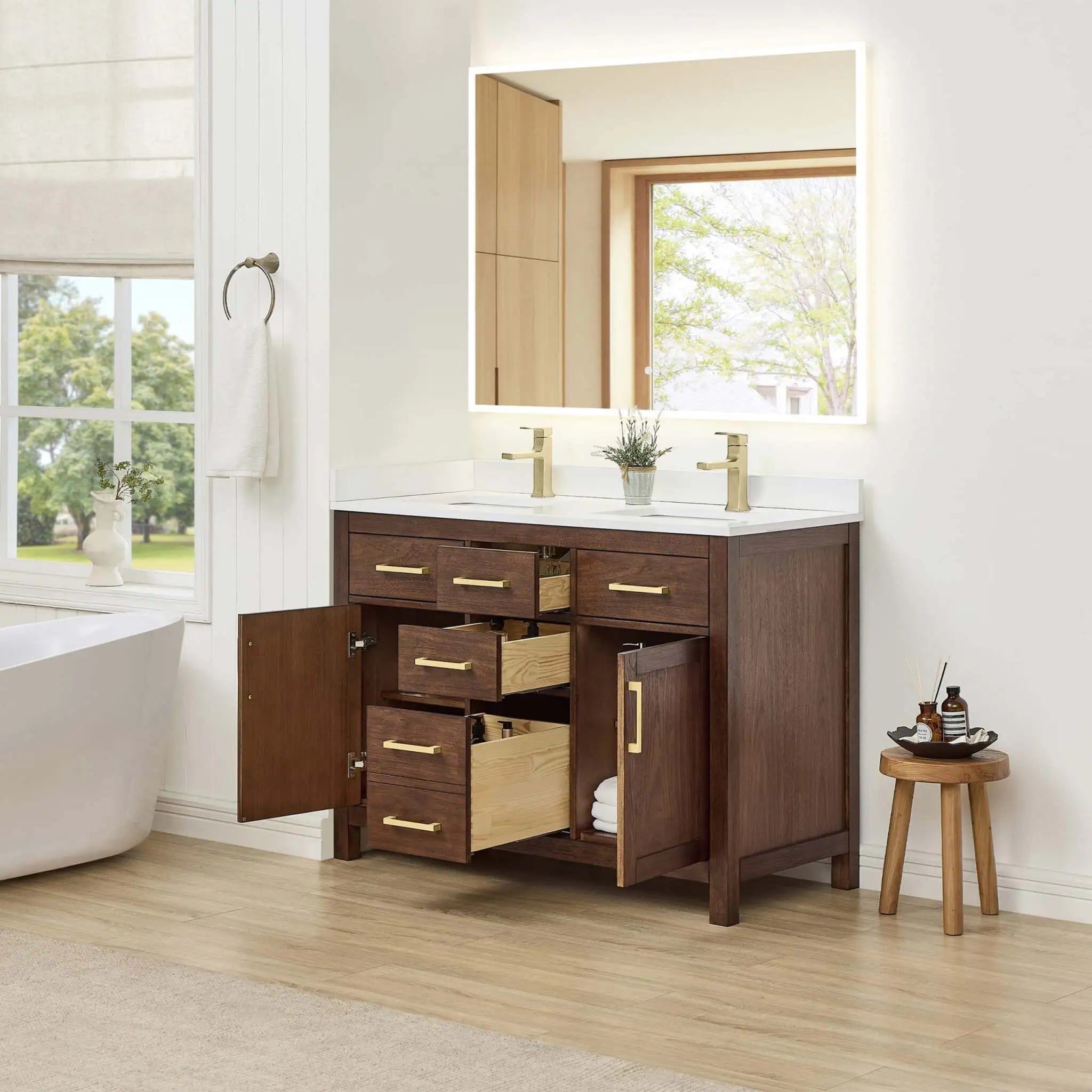 48" Beckett Double Bathroom Vanity in Dark Walnut with Brushed Gold Trim by Wyndham