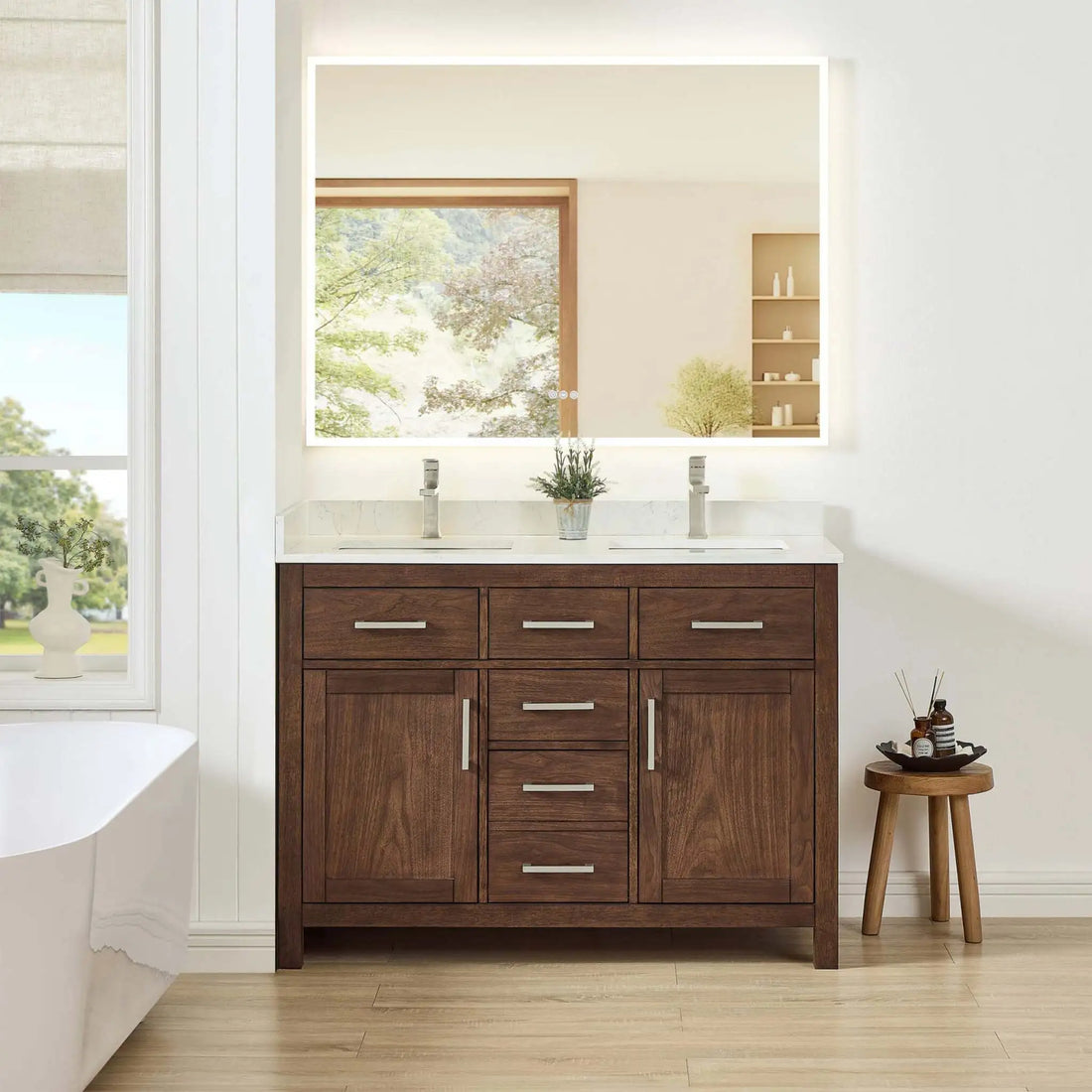 48" Beckett Double Bathroom Vanity in Dark Walnut with Brushed Nickel Trim by Wyndham