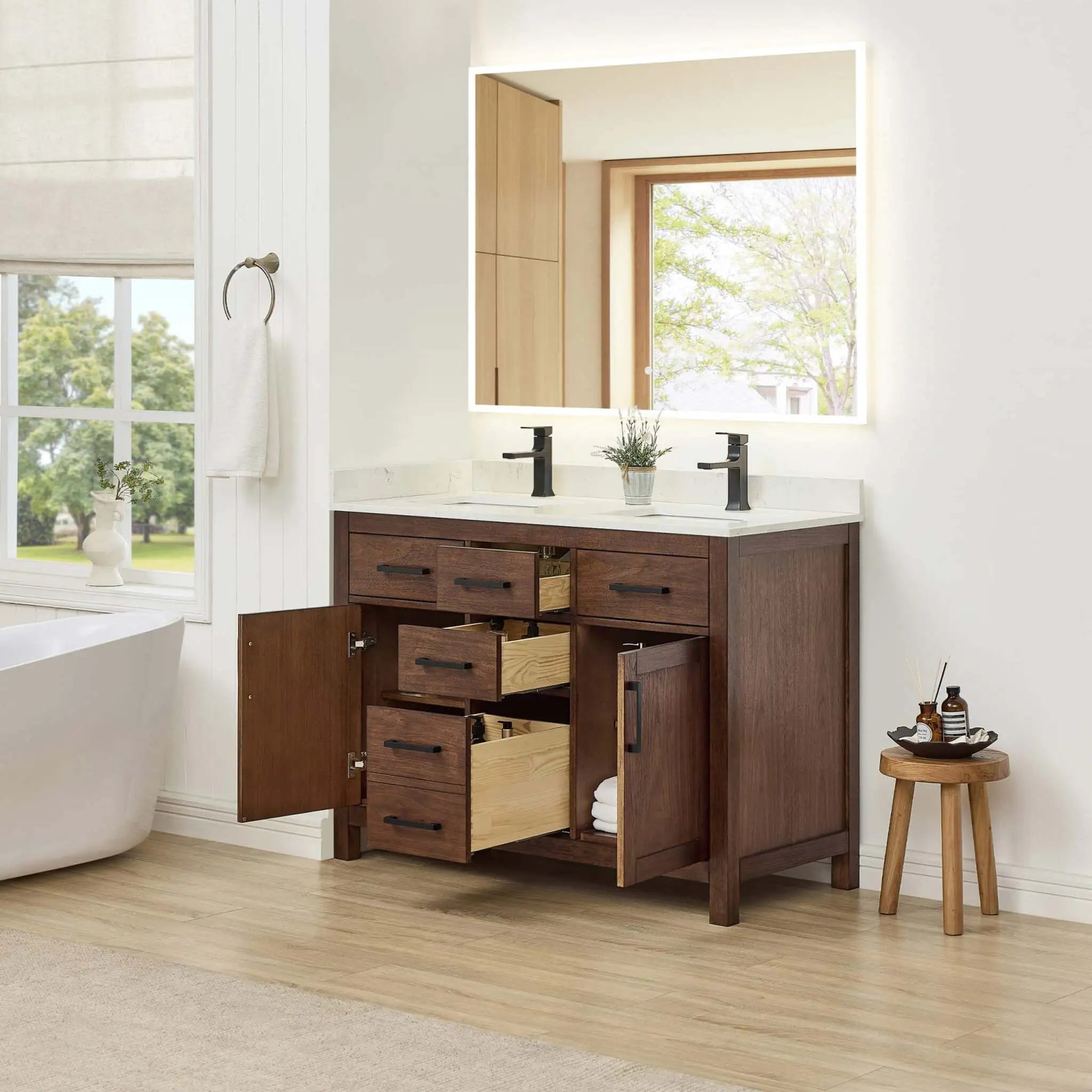 48" Beckett Double Bathroom Vanity in Dark Walnut with Matte Black Trim by Wyndham