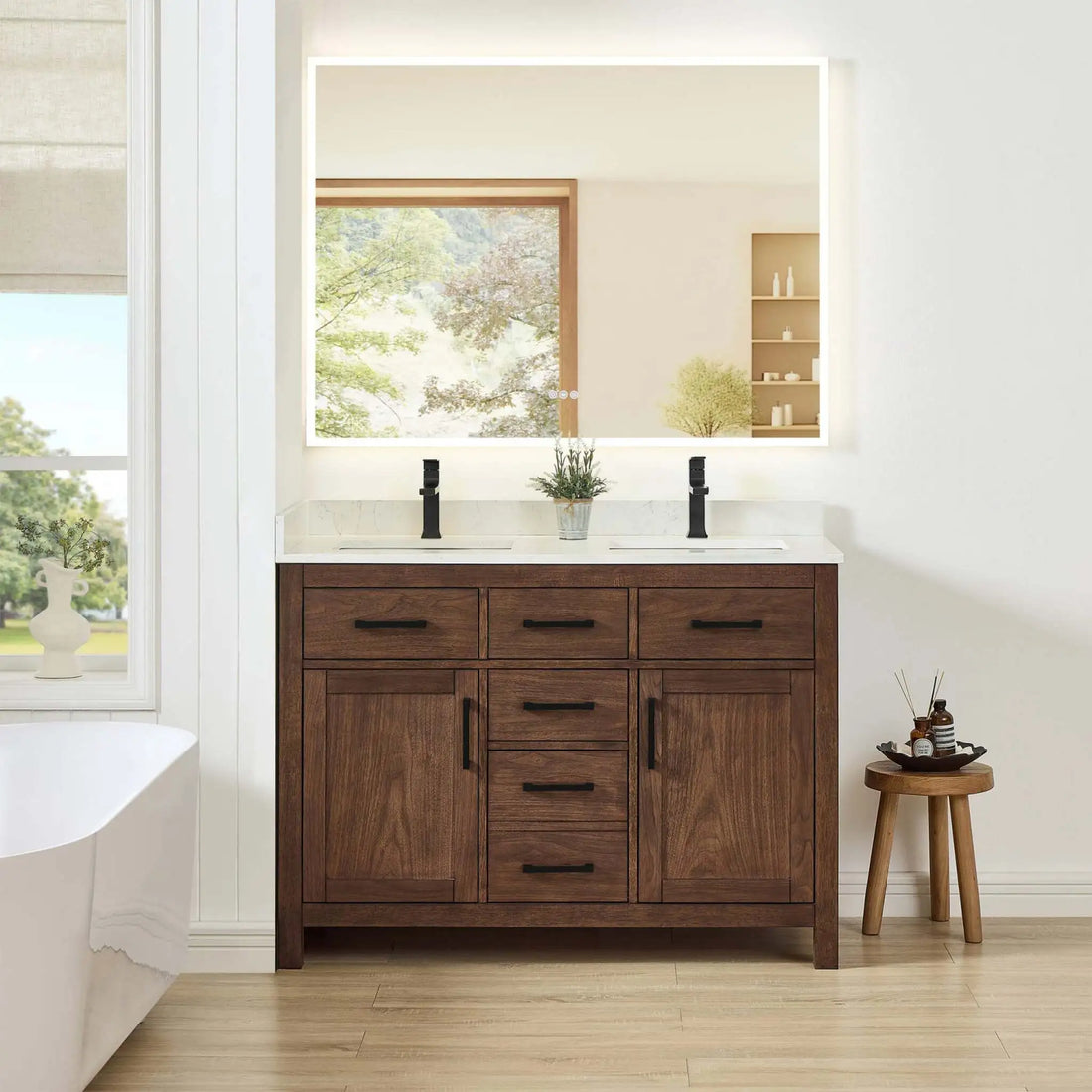 48" Beckett Double Bathroom Vanity in Dark Walnut with Matte Black Trim by Wyndham