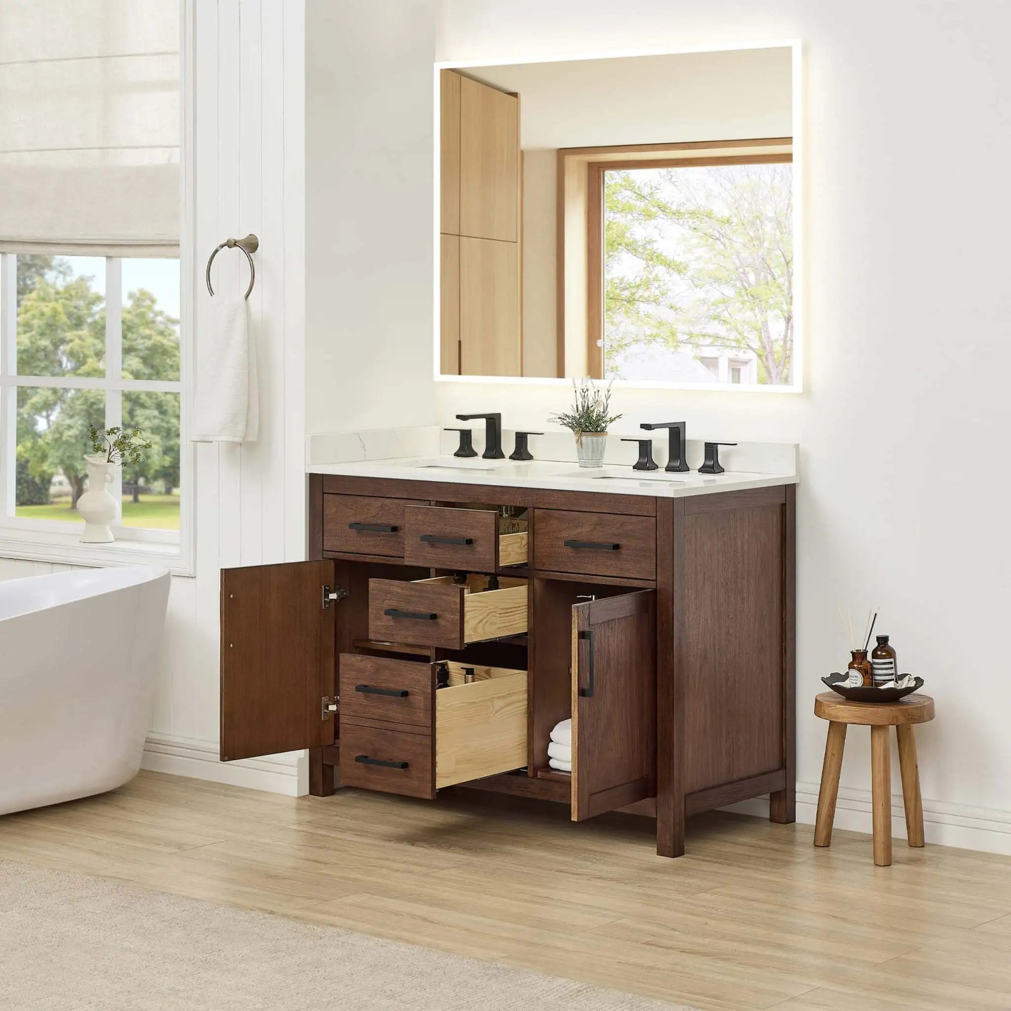 48" Beckett Double Bathroom Vanity in Dark Walnut with Matte Black Trim by Wyndham