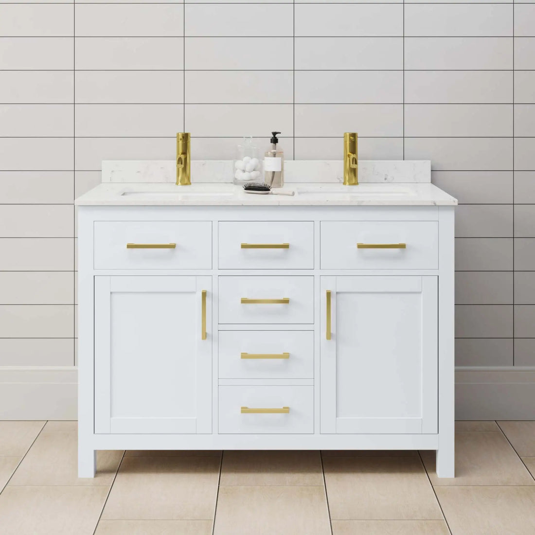 48" Beckett Double Bathroom Vanity in White with Brushed Gold Trim by Wyndham