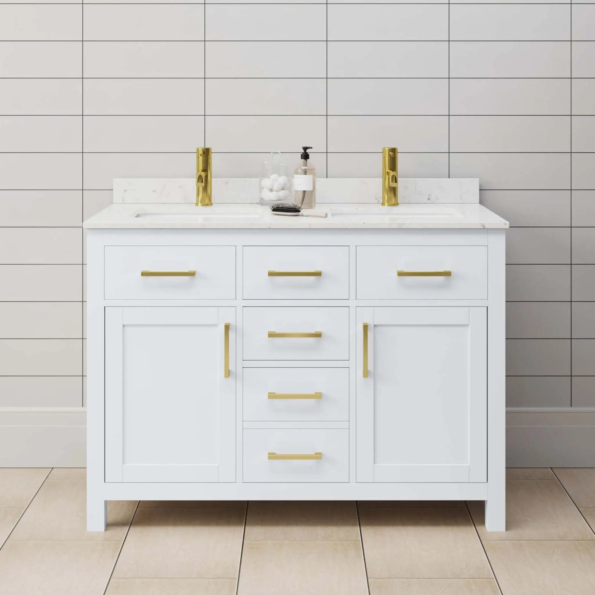 48" Beckett Double Bathroom Vanity in White with Brushed Gold Trim by Wyndham