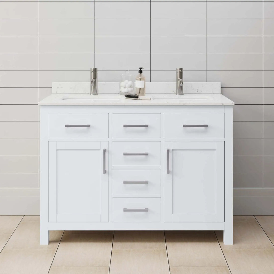 48" Beckett Double Bathroom Vanity in White with Brushed Nickel Trim by Wyndham