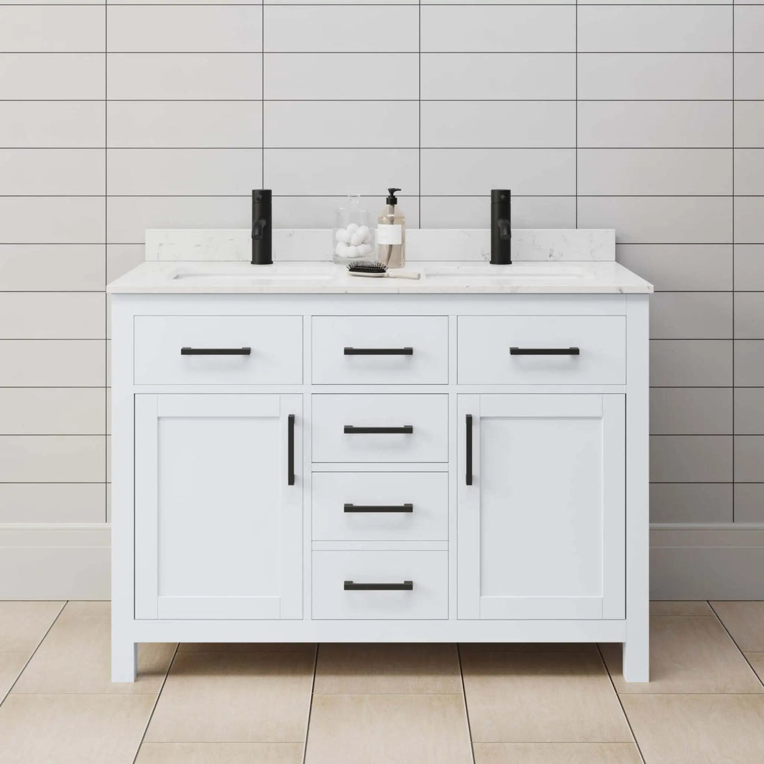 48" Beckett Double Bathroom Vanity in White with Matte Black Trim by Wyndham