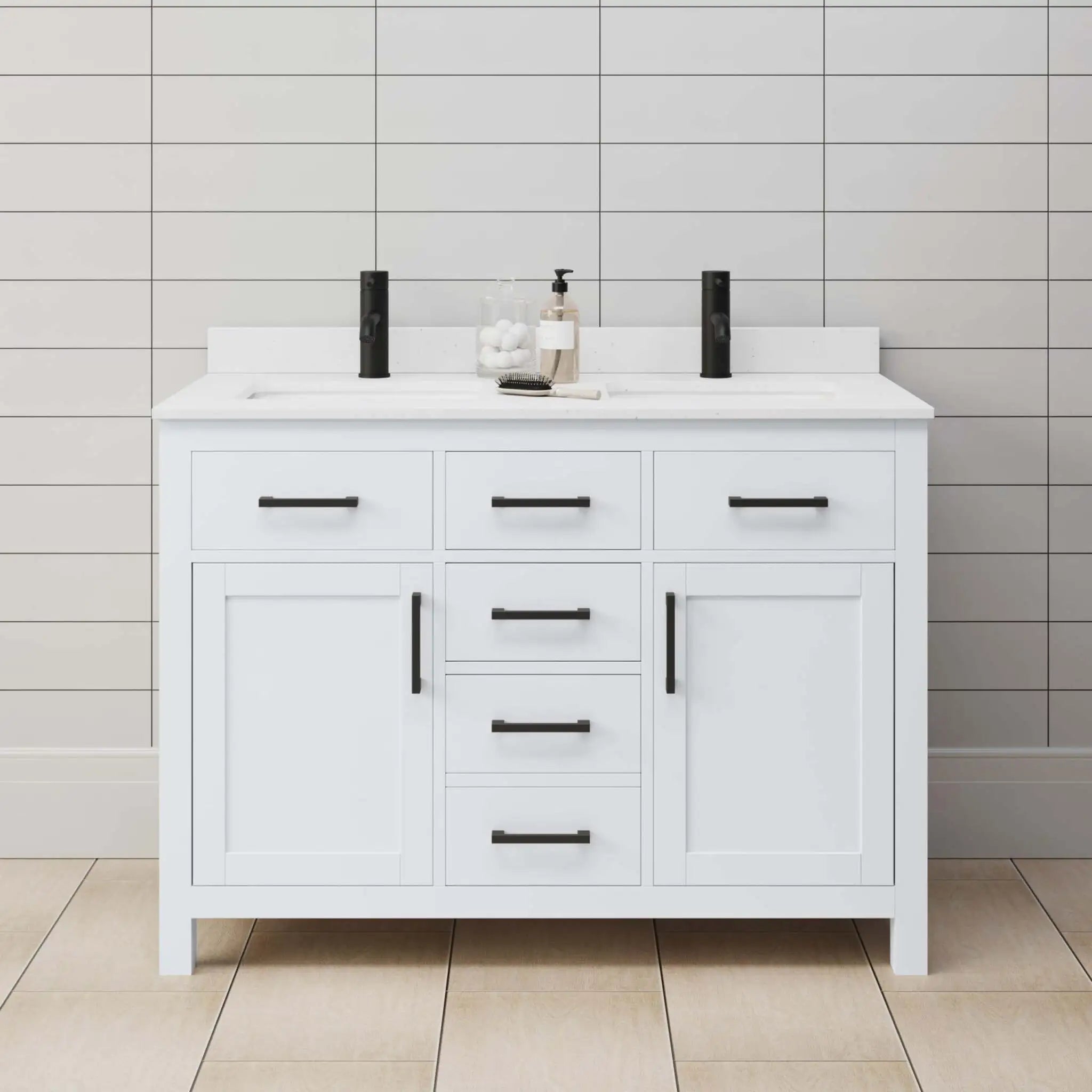 48" Beckett Double Bathroom Vanity in White with Matte Black Trim by Wyndham