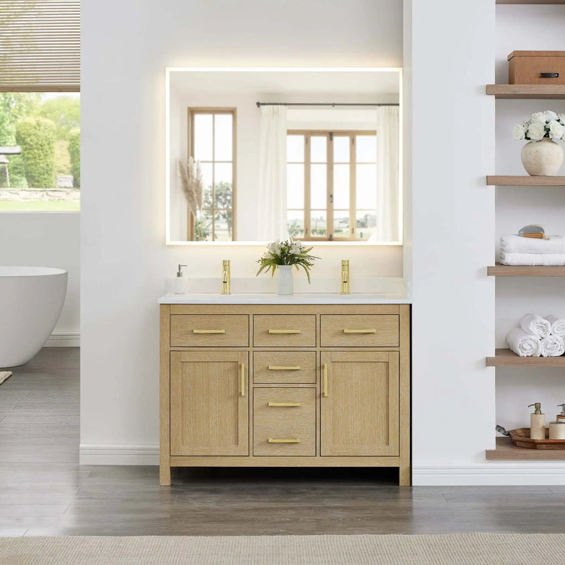 48" Beckett Double Bathroom Vanity in Whitewashed Oak with Brushed Gold Trim by Wyndham