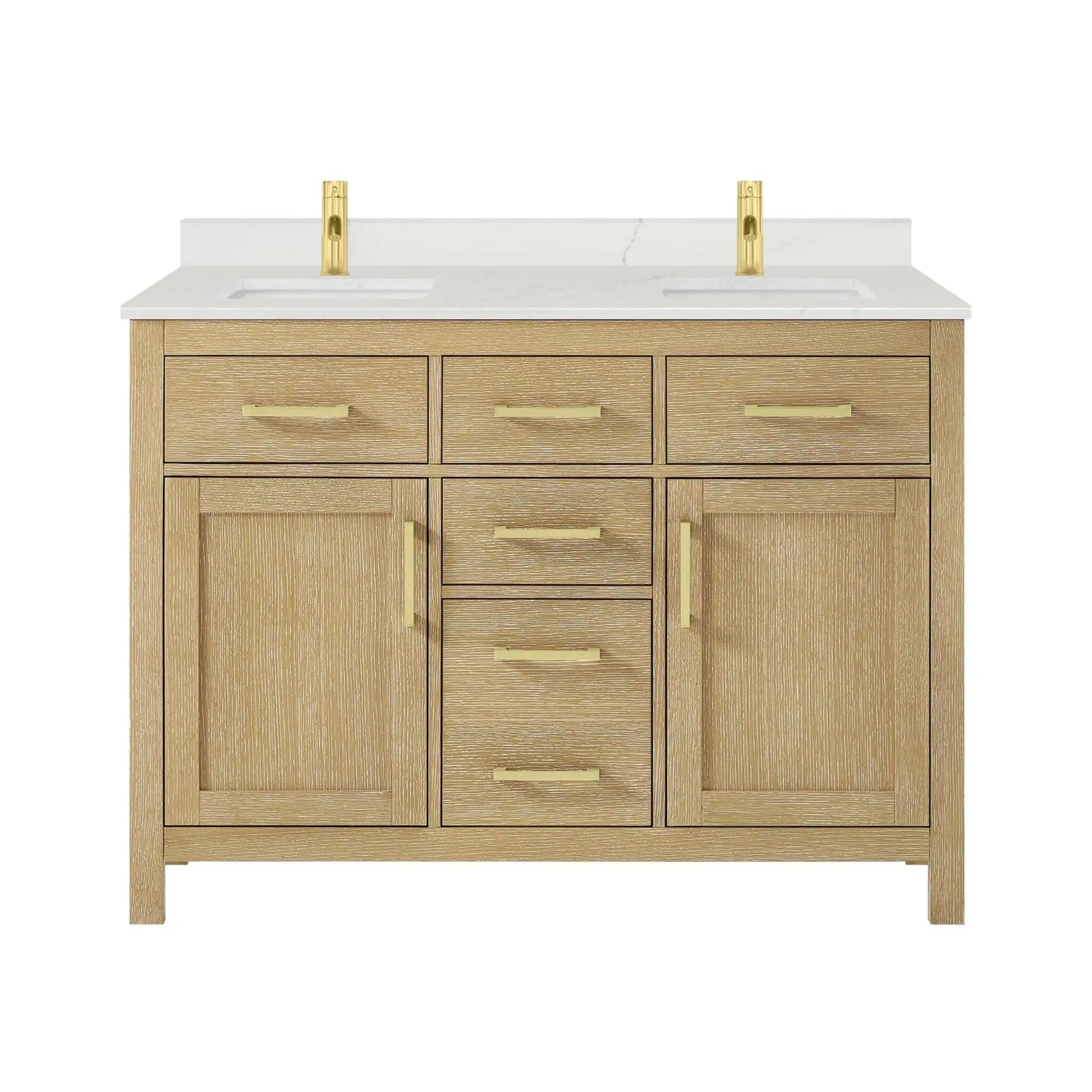48" Beckett Double Bathroom Vanity in Whitewashed Oak with Brushed Gold Trim by Wyndham