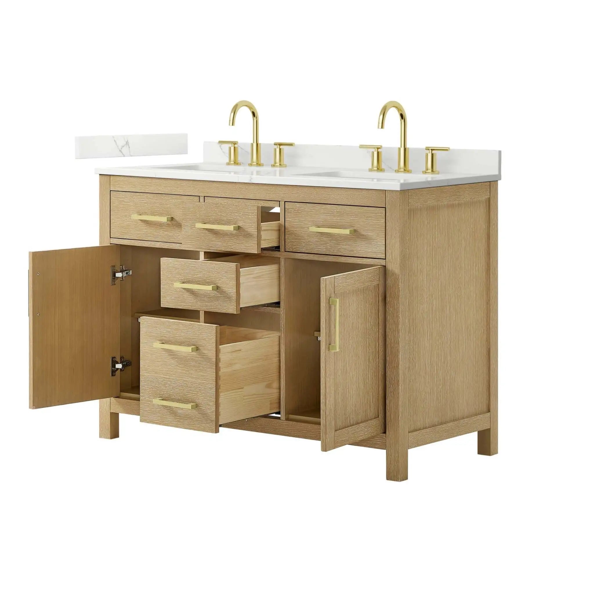48" Beckett Double Bathroom Vanity in Whitewashed Oak with Brushed Gold Trim by Wyndham
