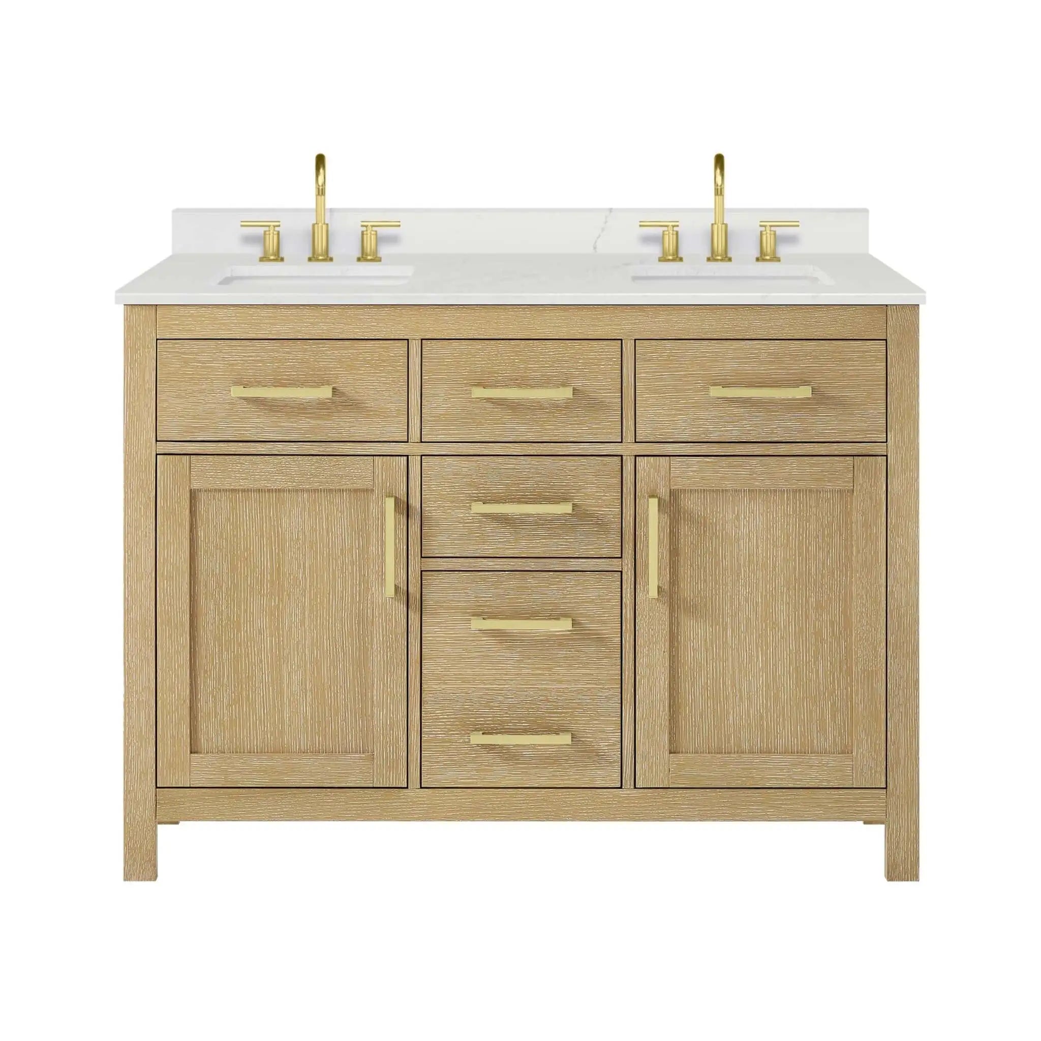 48" Beckett Double Bathroom Vanity in Whitewashed Oak with Brushed Gold Trim by Wyndham