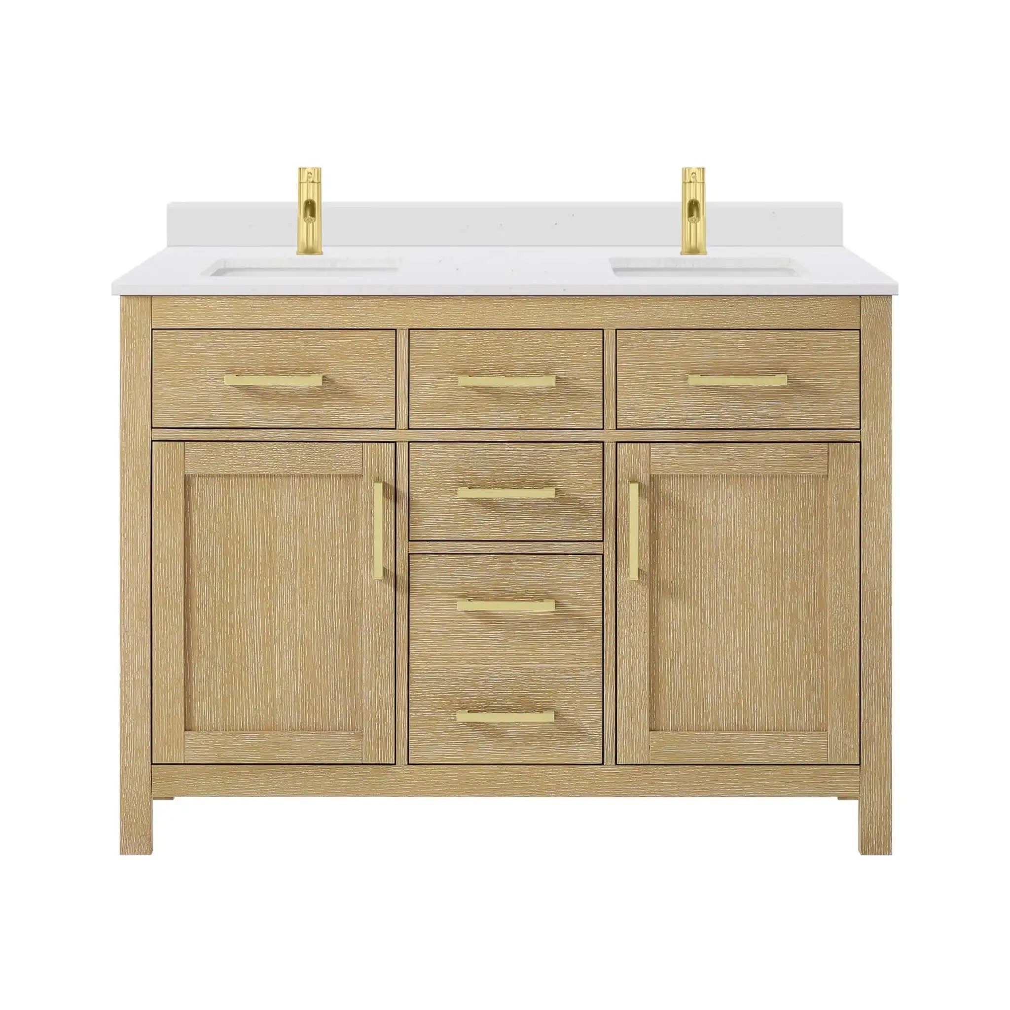 48" Beckett Double Bathroom Vanity in Whitewashed Oak with Brushed Gold Trim by Wyndham