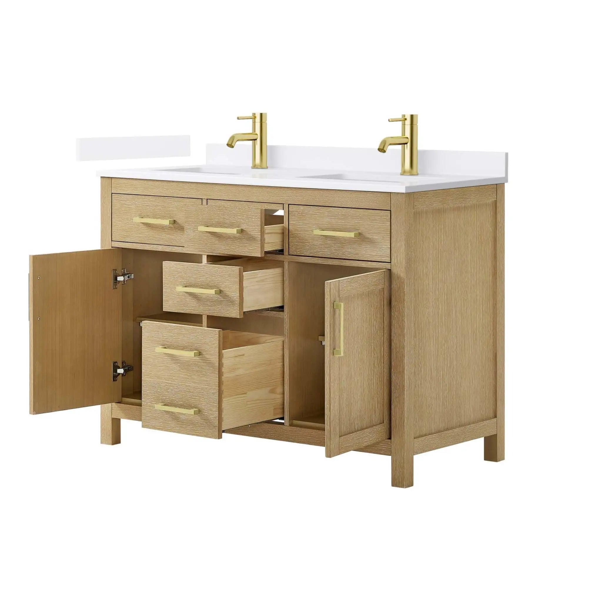 48" Beckett Double Bathroom Vanity in Whitewashed Oak with Brushed Gold Trim by Wyndham