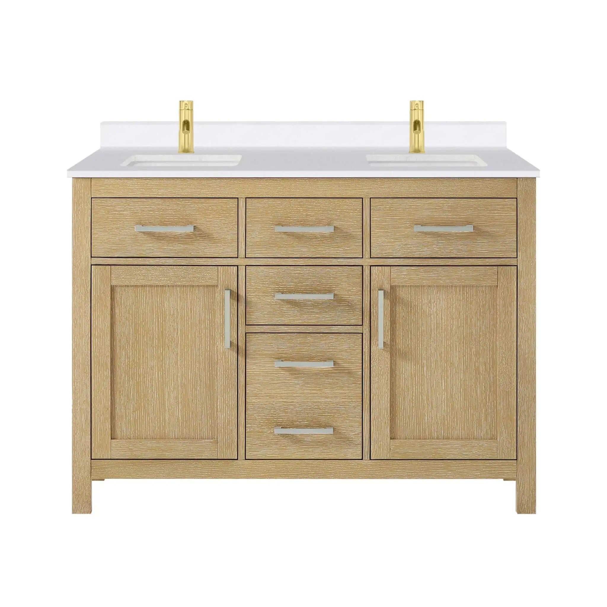 48" Beckett Double Bathroom Vanity in Whitewashed Oak with Brushed Gold Trim by Wyndham