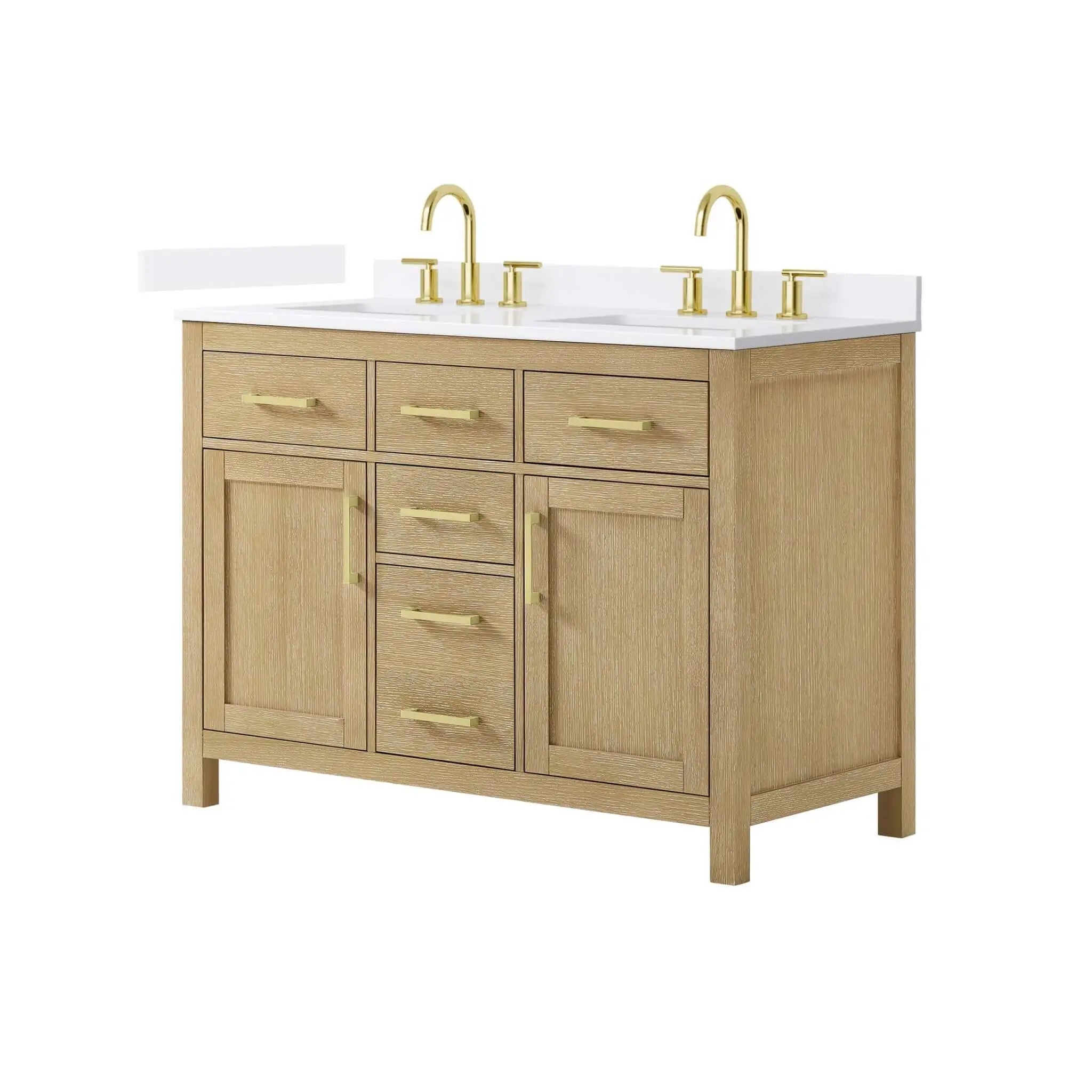 48" Beckett Double Bathroom Vanity in Whitewashed Oak with Brushed Gold Trim by Wyndham
