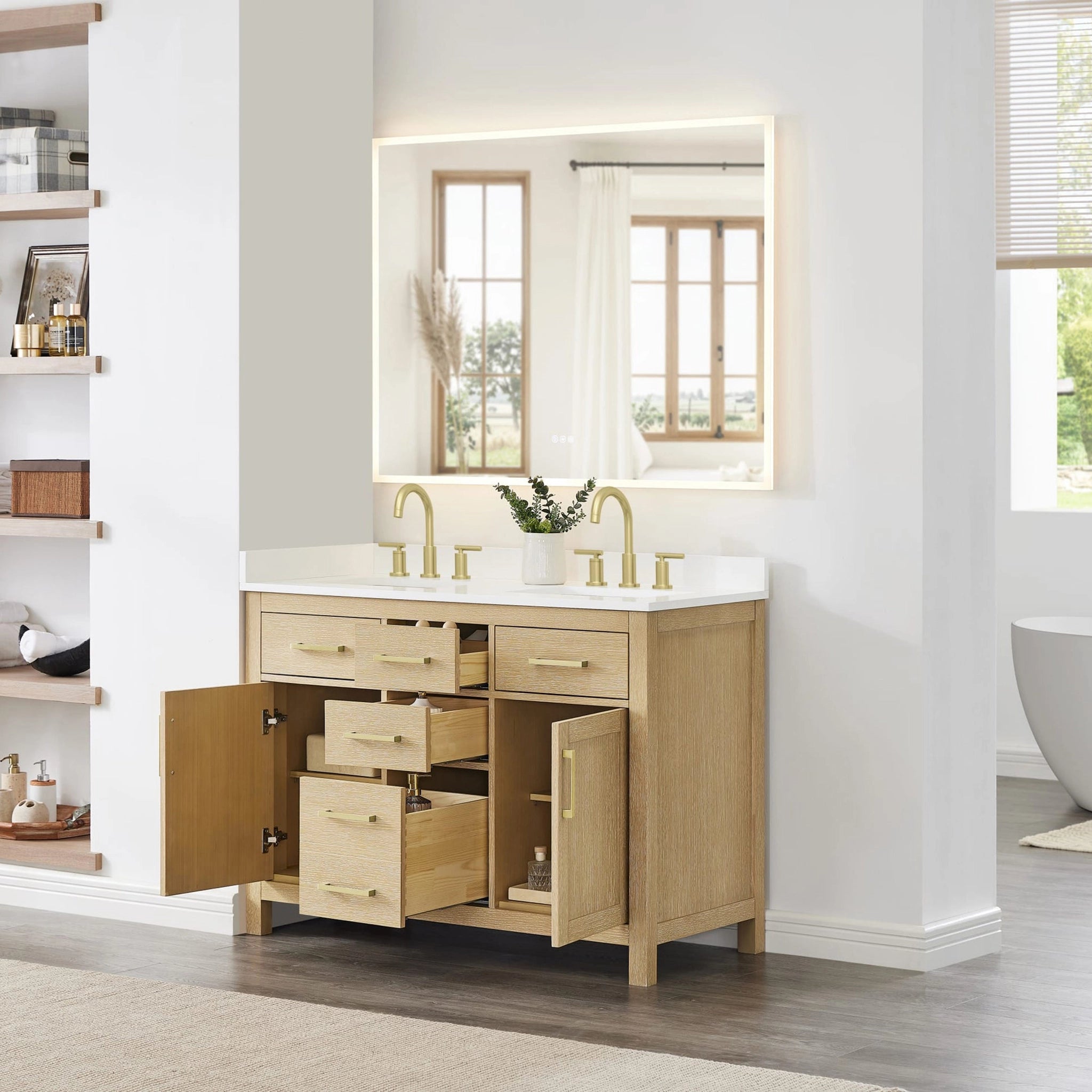 48" Beckett Double Bathroom Vanity in Whitewashed Oak with Brushed Gold Trim by Wyndham