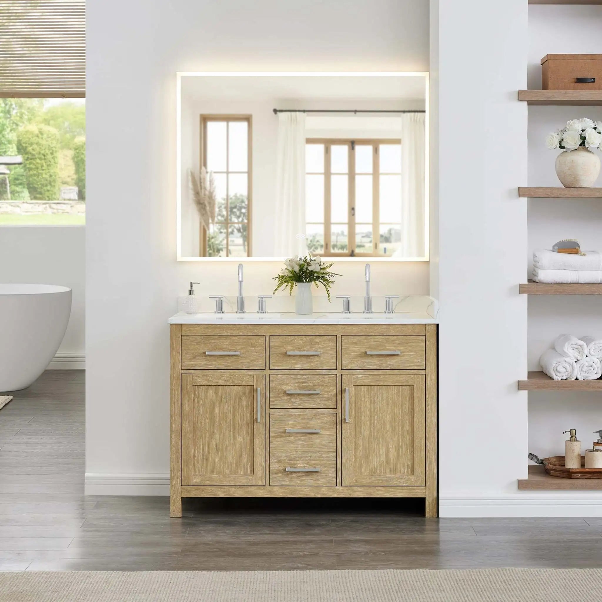 48" Beckett Double Bathroom Vanity in Whitewashed Oak with Brushed Nickel Trim by Wyndham