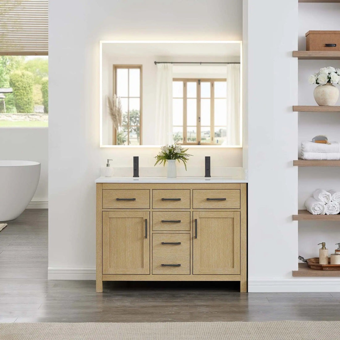 48" Beckett Double Bathroom Vanity in Whitewashed Oak with Matte Black Trim by Wyndham