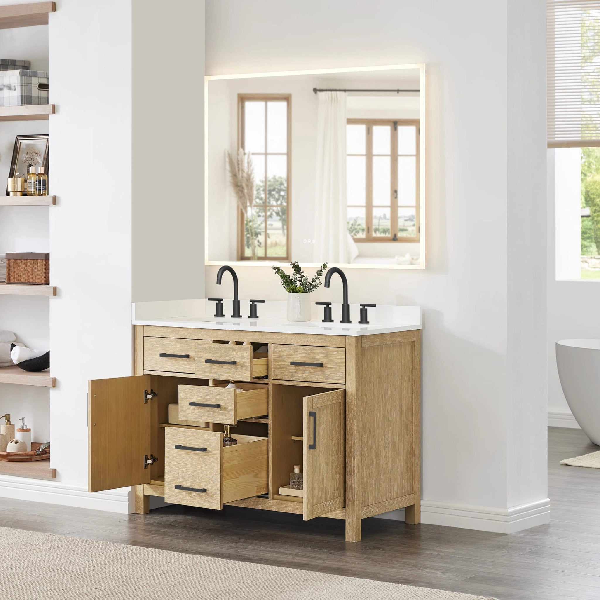 48" Beckett Double Bathroom Vanity in Whitewashed Oak with Matte Black Trim by Wyndham