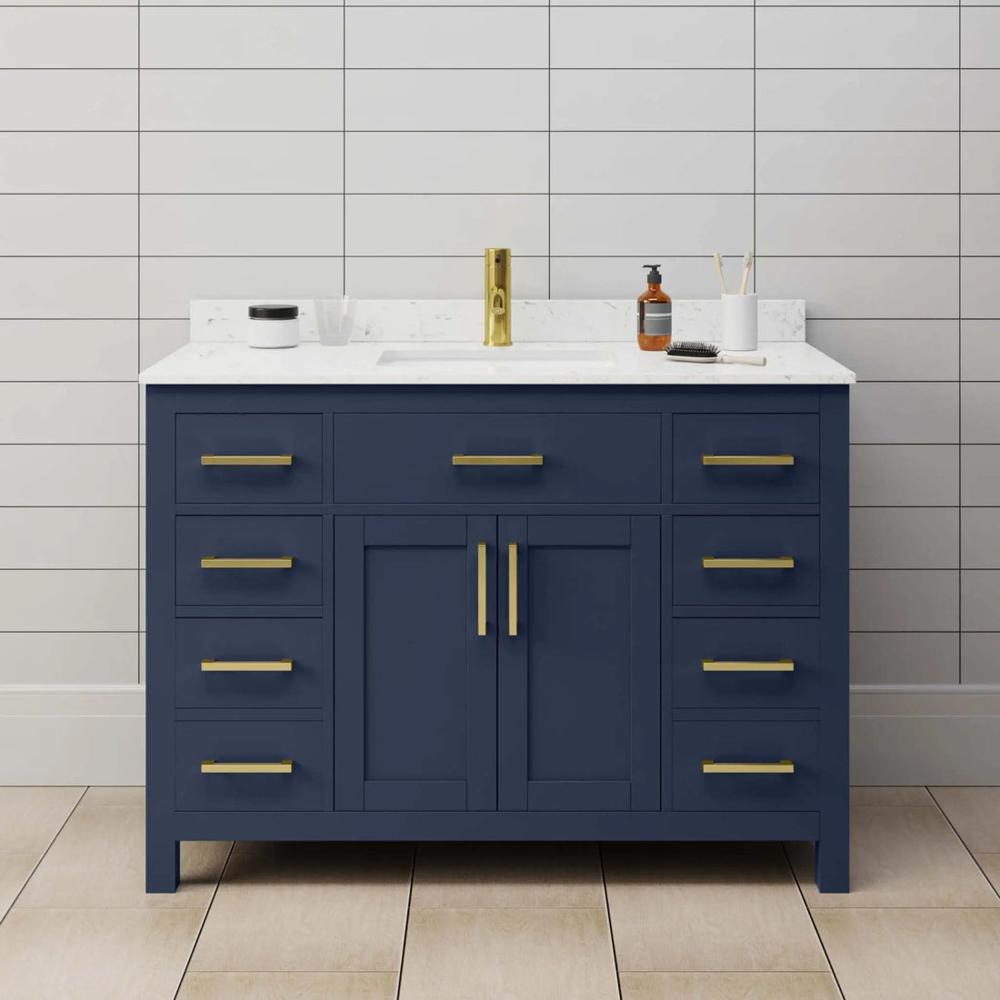 48" Beckett Single Bathroom Vanity in Dark Blue with Brushed Gold Trim by Wyndham