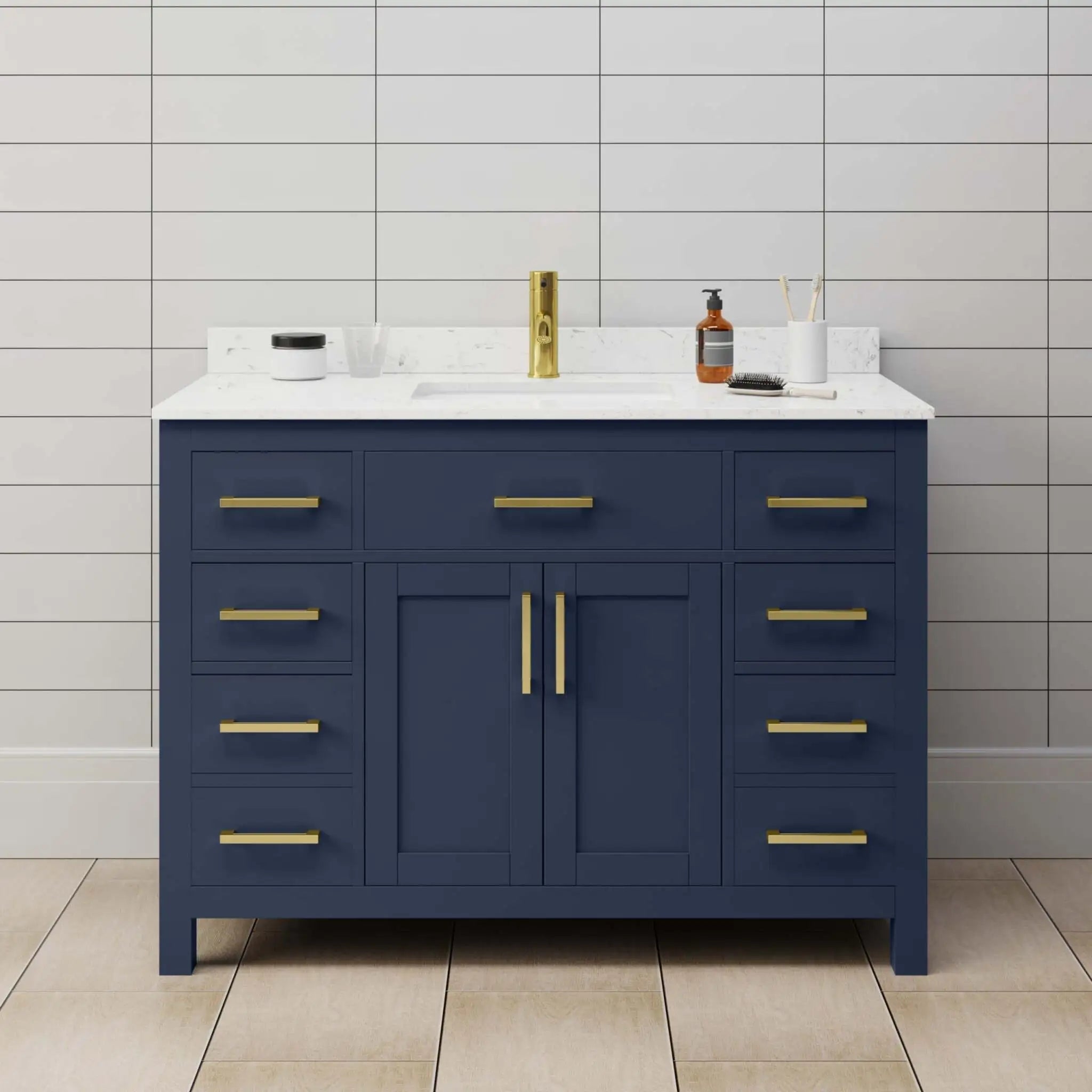48" Beckett Single Bathroom Vanity in Dark Blue with Brushed Gold Trim by Wyndham