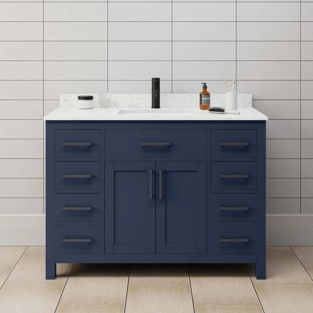 48" Beckett Single Bathroom Vanity in Dark Blue with Matte Black Trim by Wyndham