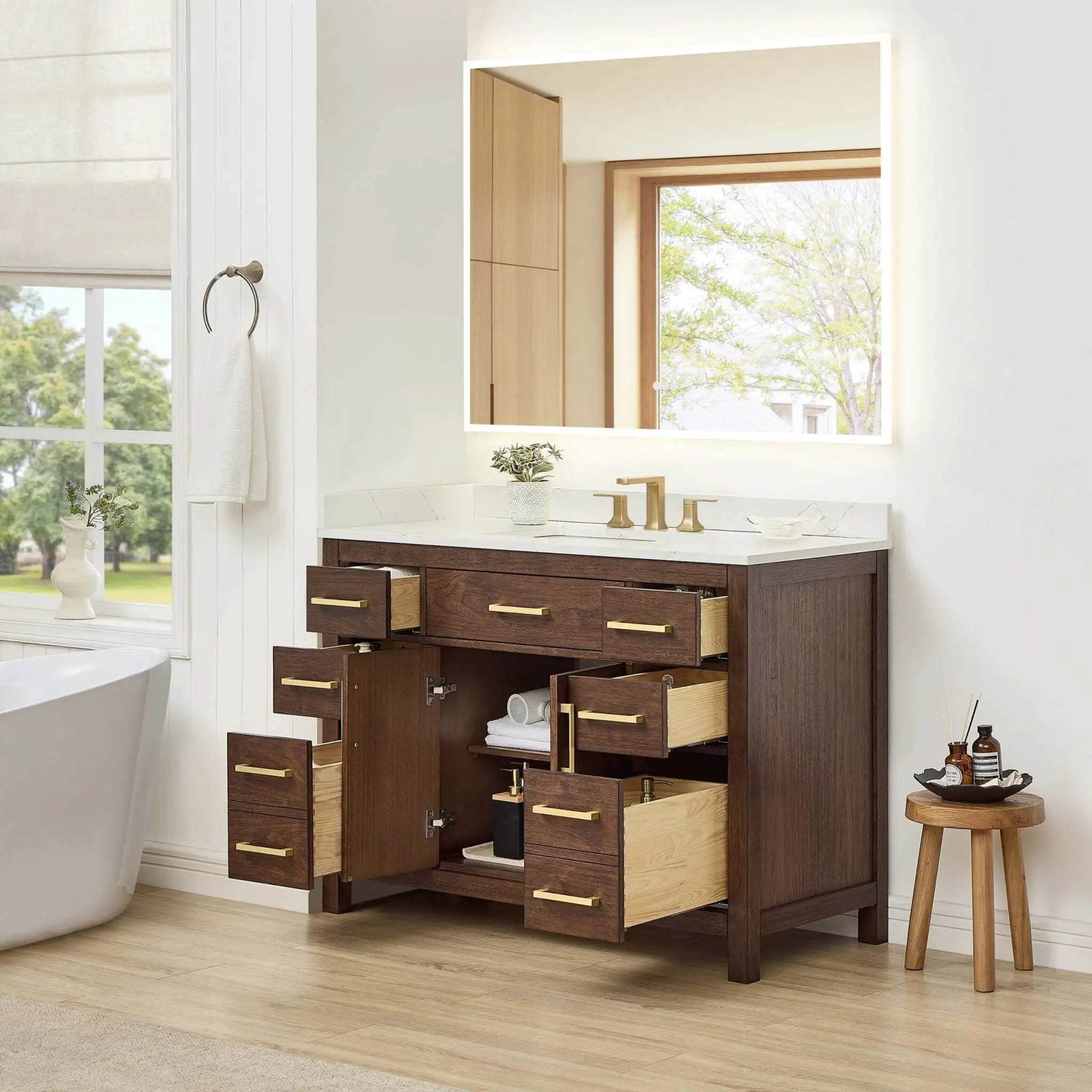 48" Beckett Single Bathroom Vanity in Dark Walnut with Brushed Gold Trim by Wyndham