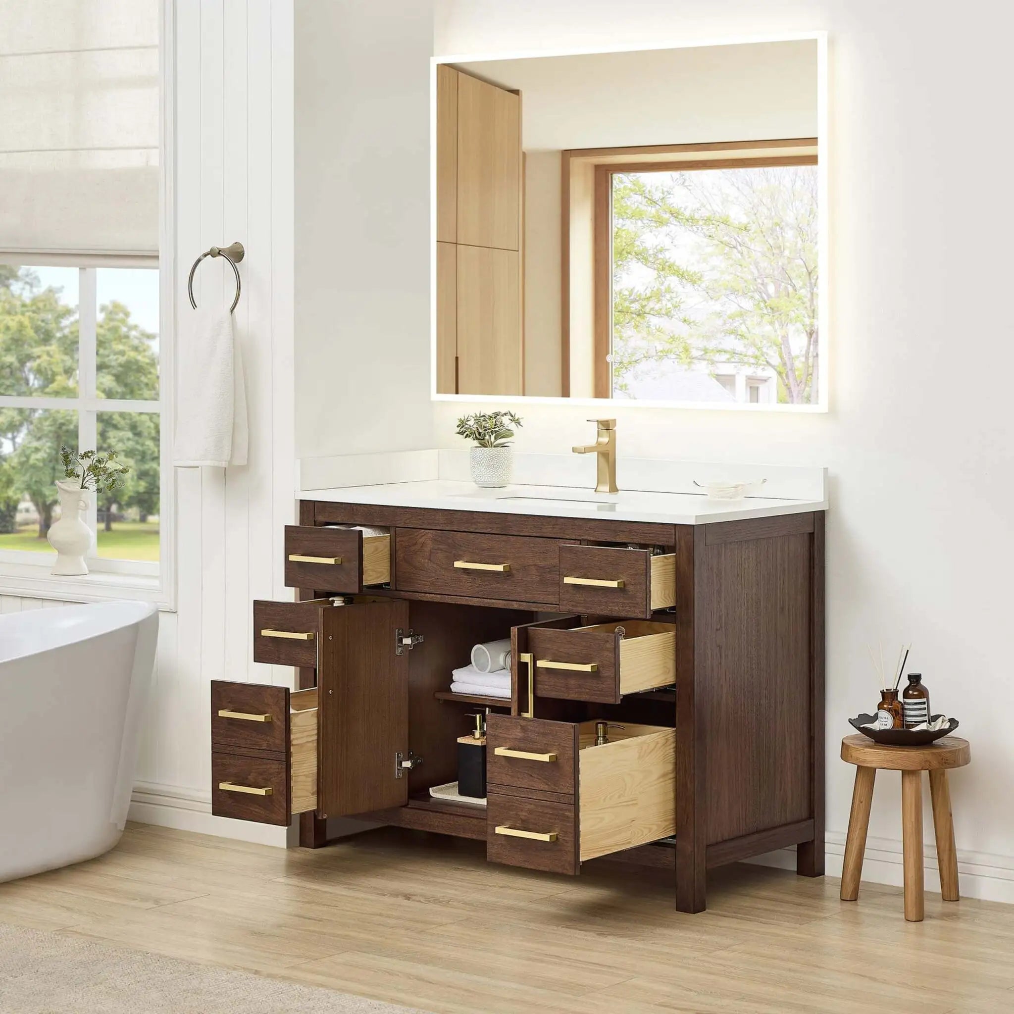 48" Beckett Single Bathroom Vanity in Dark Walnut with Brushed Gold Trim by Wyndham