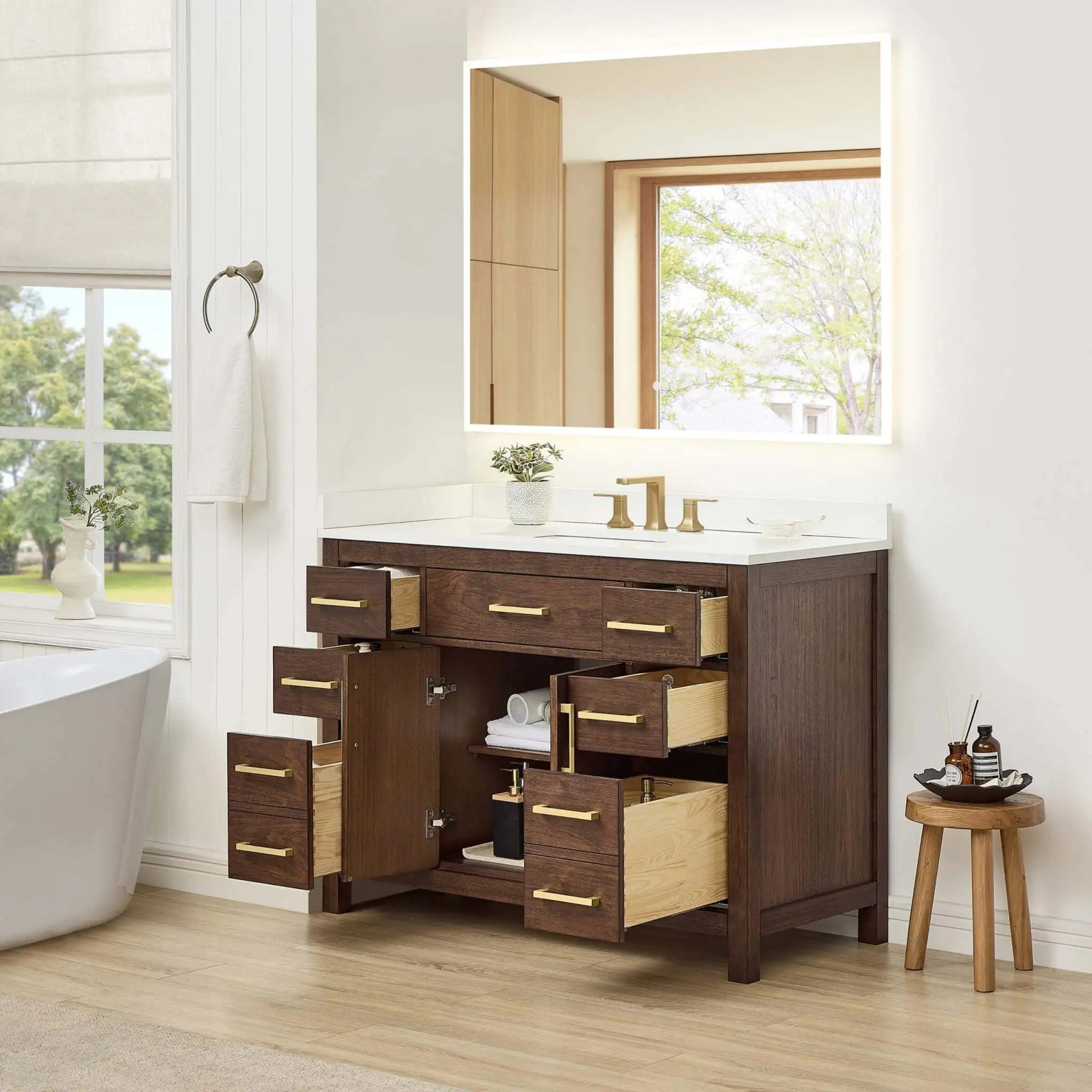 48" Beckett Single Bathroom Vanity in Dark Walnut with Brushed Gold Trim by Wyndham