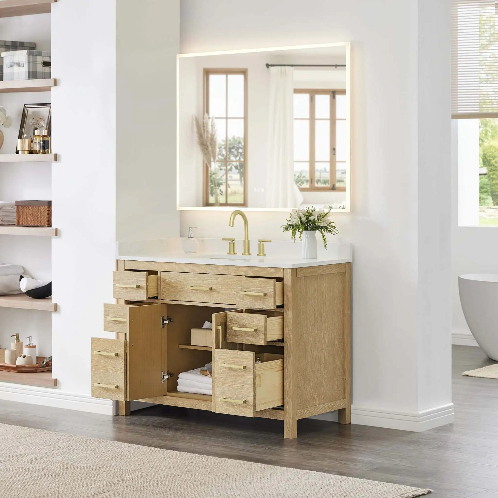 48" Beckett Single Bathroom Vanity in Whitewashed Oak with Brushed Gold Trim by Wyndham