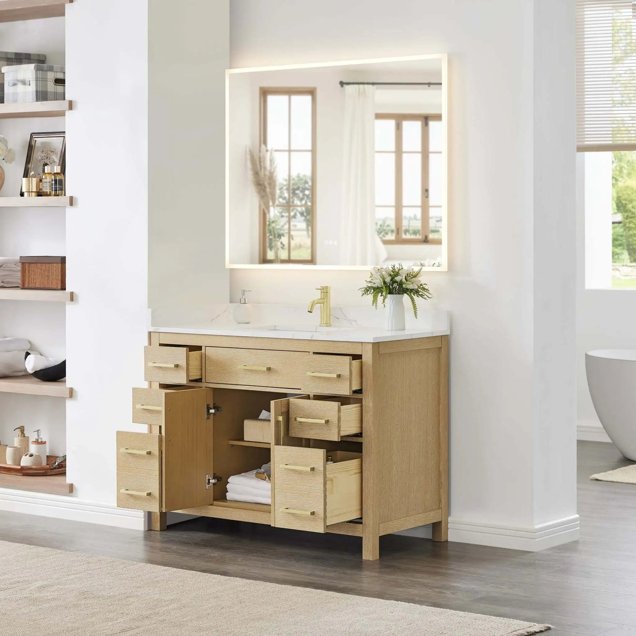 48" Beckett Single Bathroom Vanity in Whitewashed Oak with Brushed Gold Trim by Wyndham