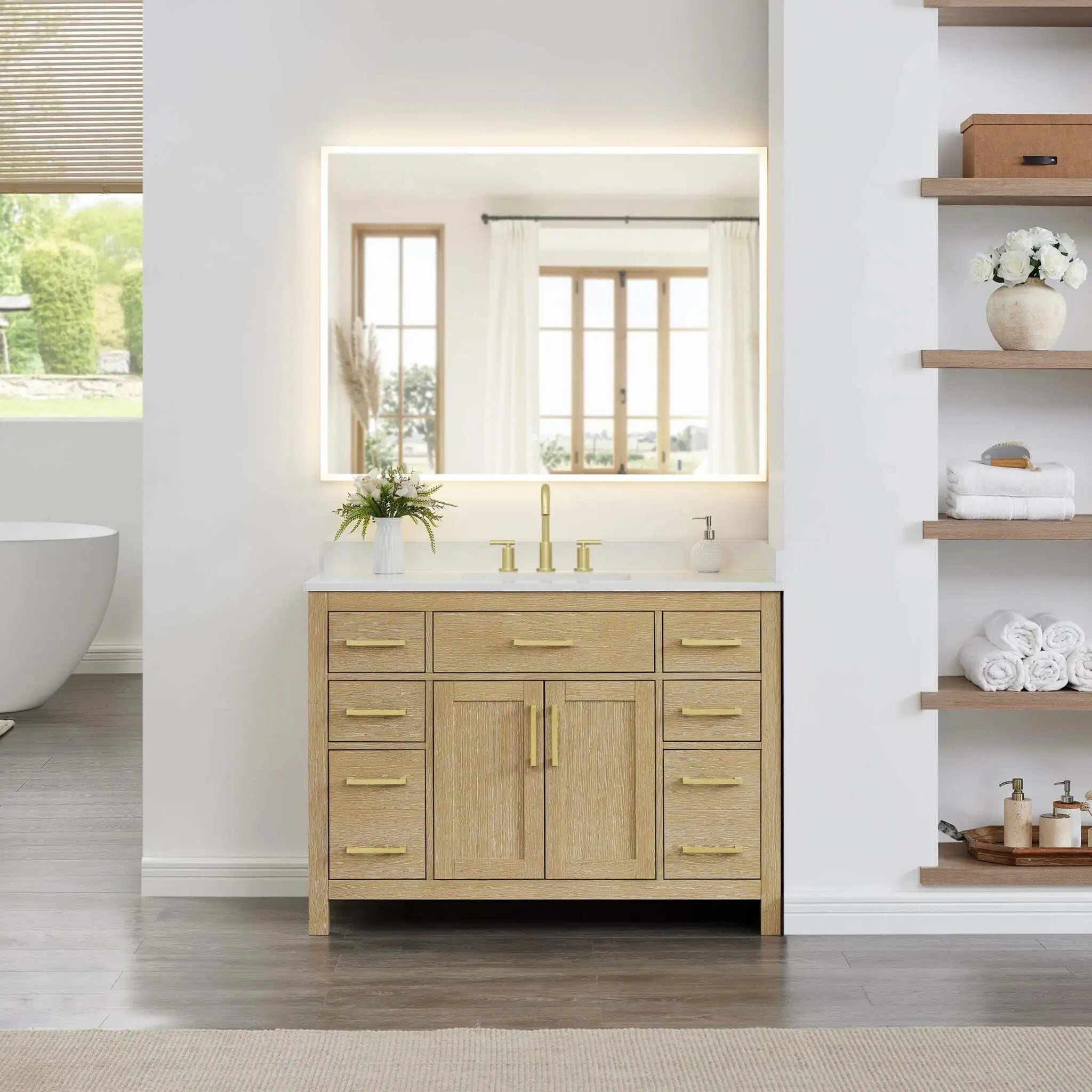 48" Beckett Single Bathroom Vanity in Whitewashed Oak with Brushed Gold Trim by Wyndham