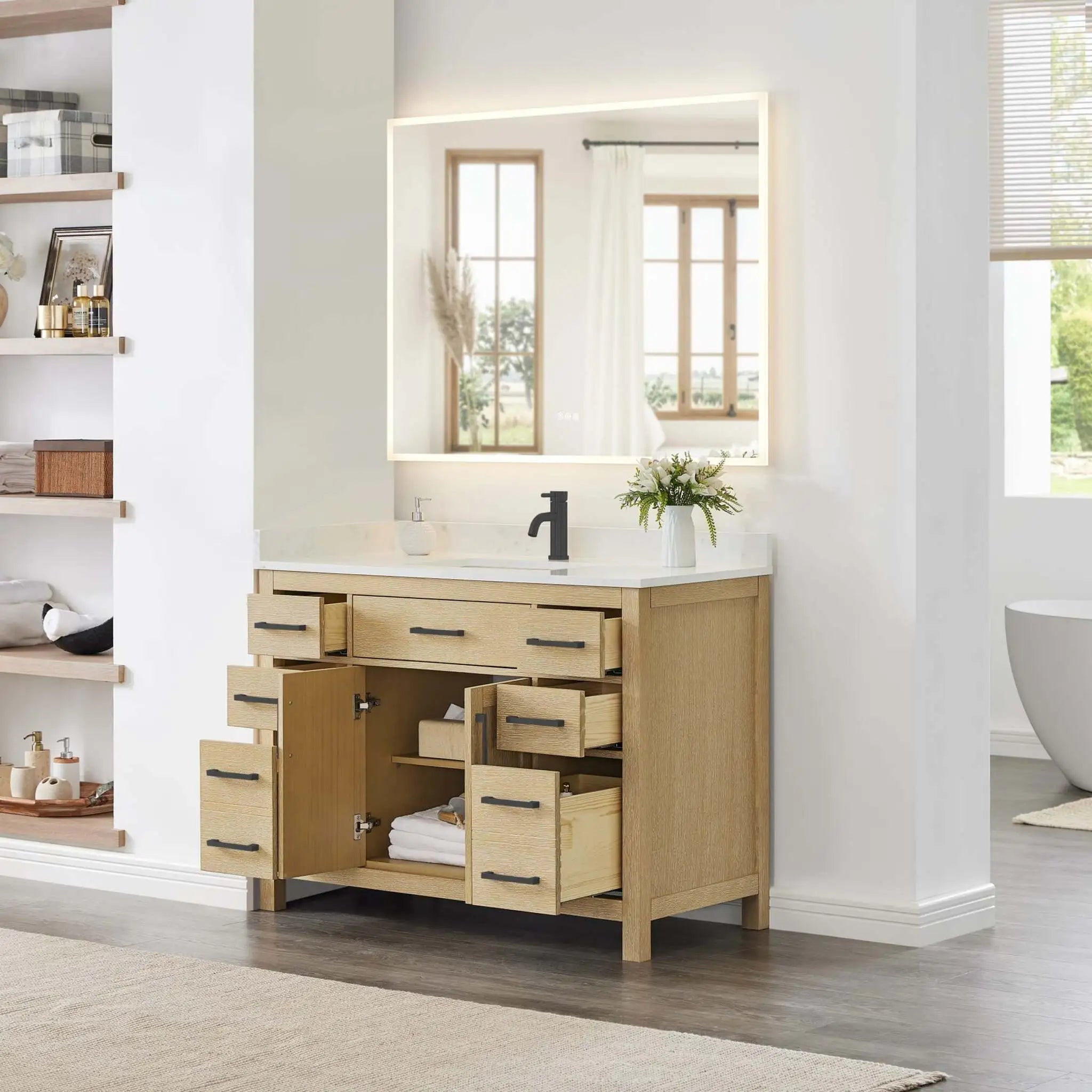 48" Beckett Single Bathroom Vanity in Whitewashed Oak with Matte Black Trim by Wyndham